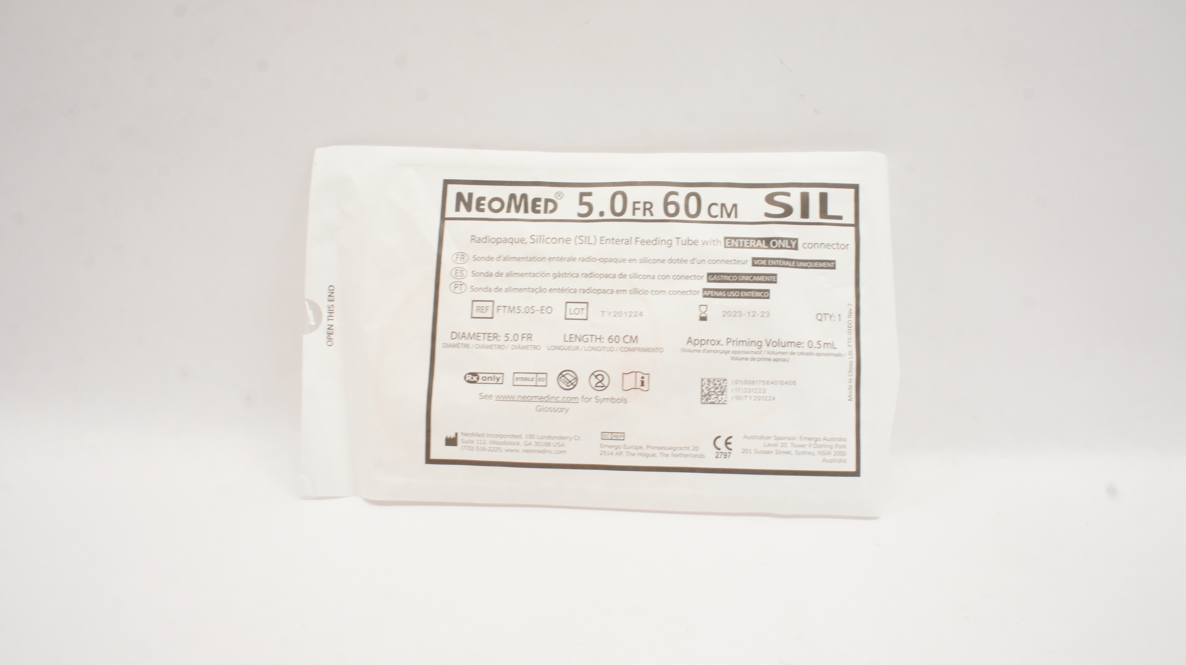 NeoMed FTM5.0S-EO Radiopaque, Silicone Enteral Feeding Tube 5.0Fr. x 60cm, 0.5mL