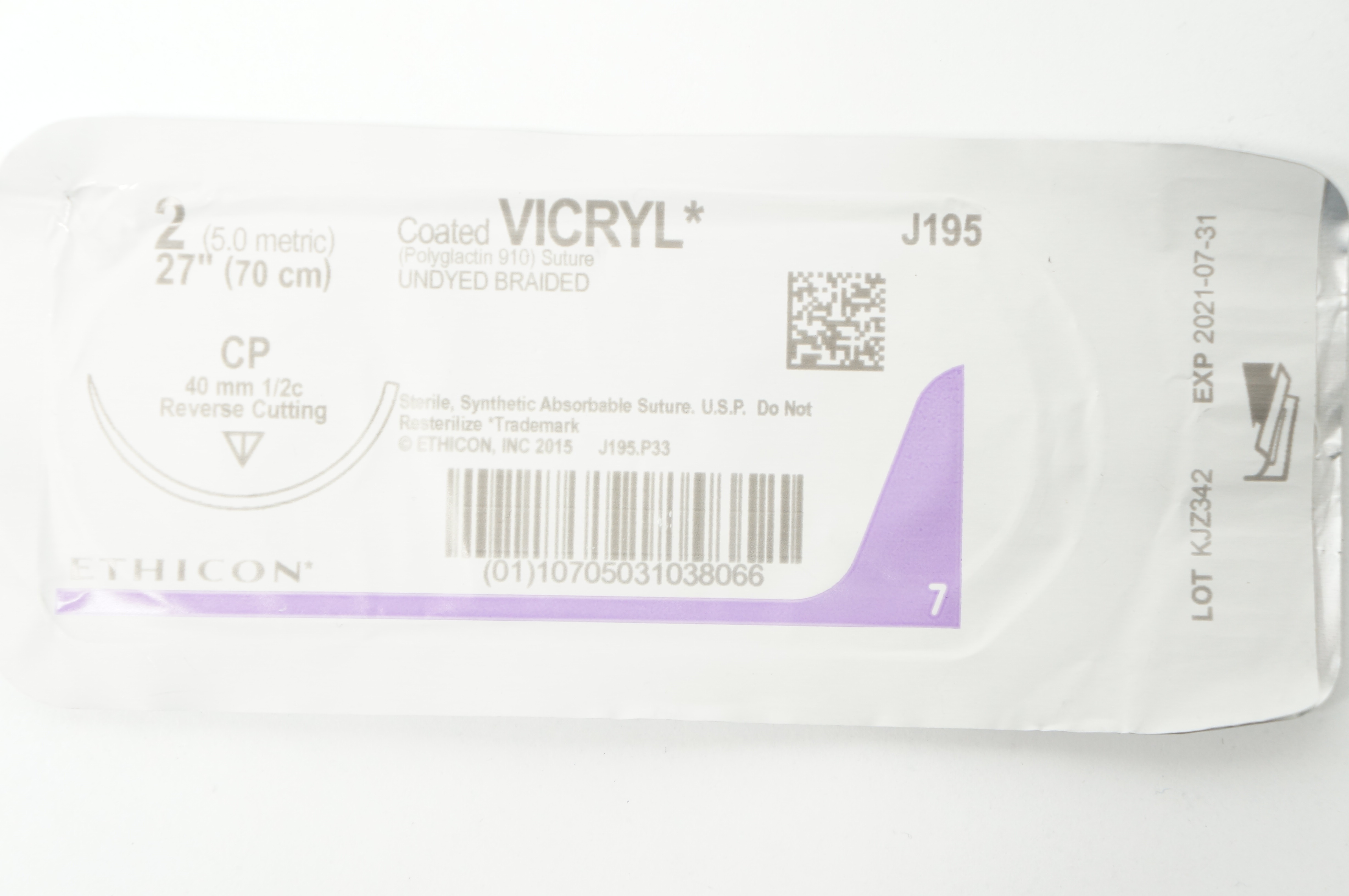 Ethicon J195 2 Vicryl CP 40 mm 1/2c Reverse Cutting, 27 inch (x)