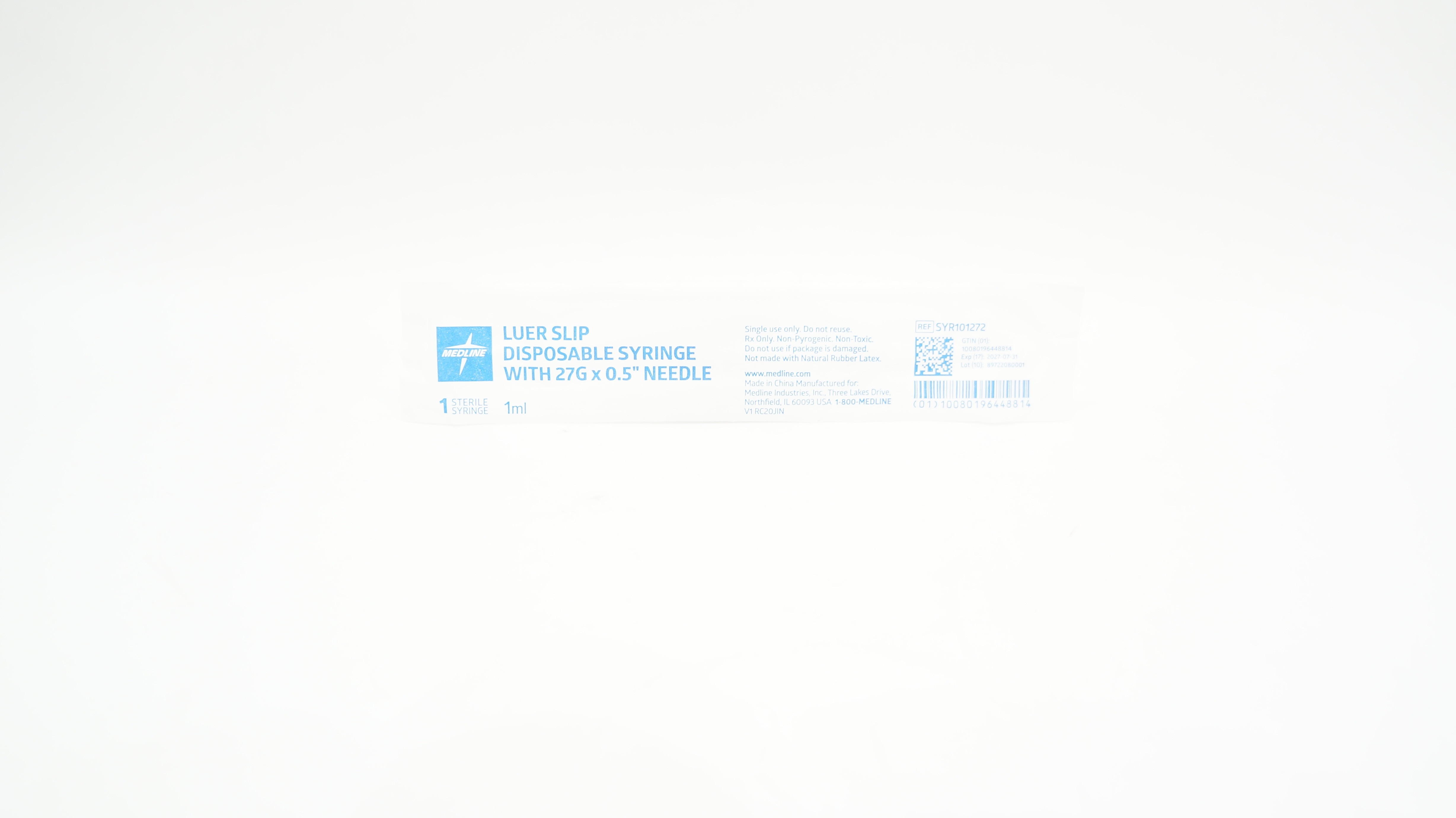 Medline SYR101272 Luer Slip Disposable Syrige W/ Ndle 27G x 0.5inch