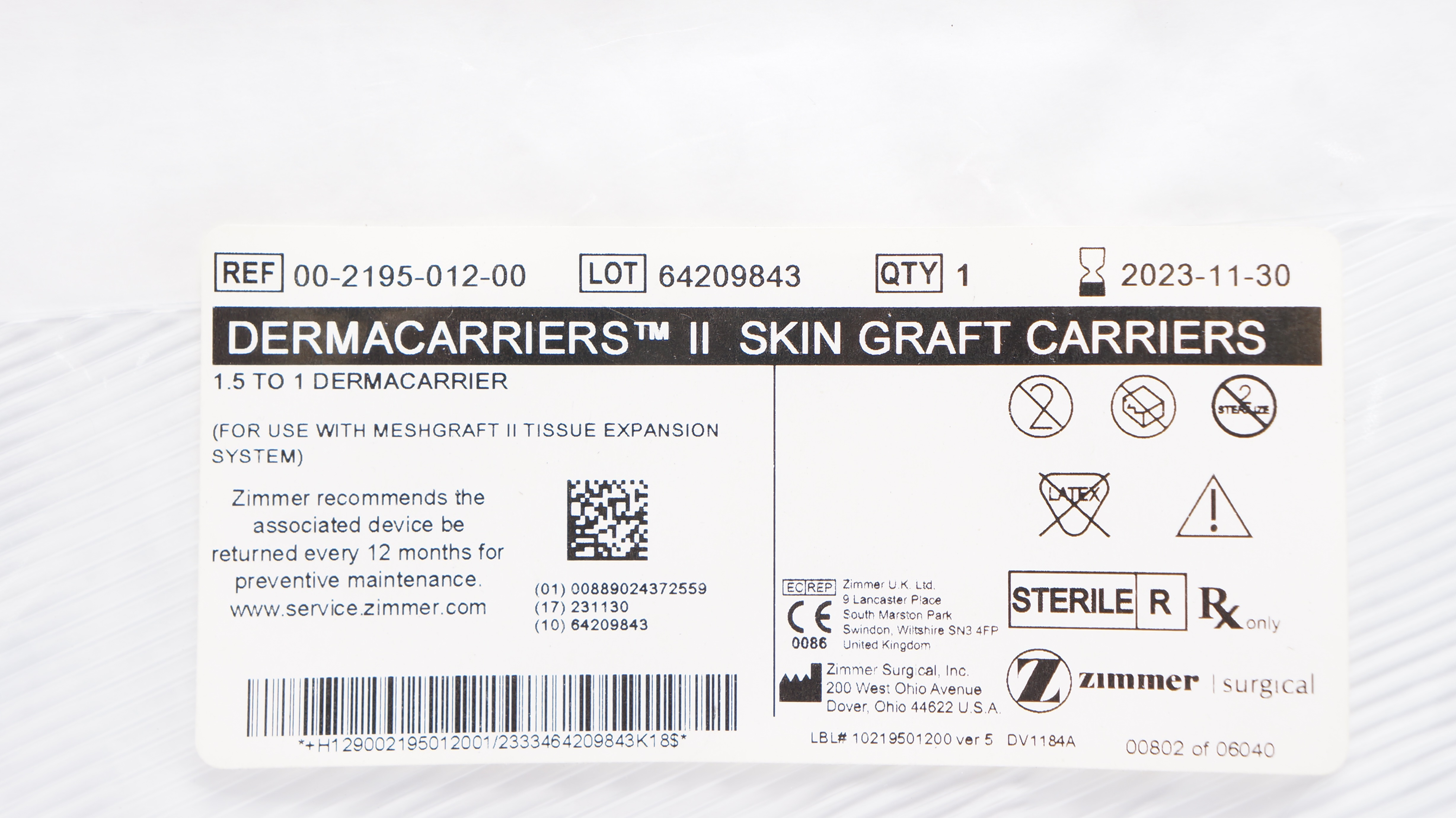 Zimmer 00-2195-012-00 Dermacarriers II Skin Graft Carriers 1.5-1 Dermacarrier(x)