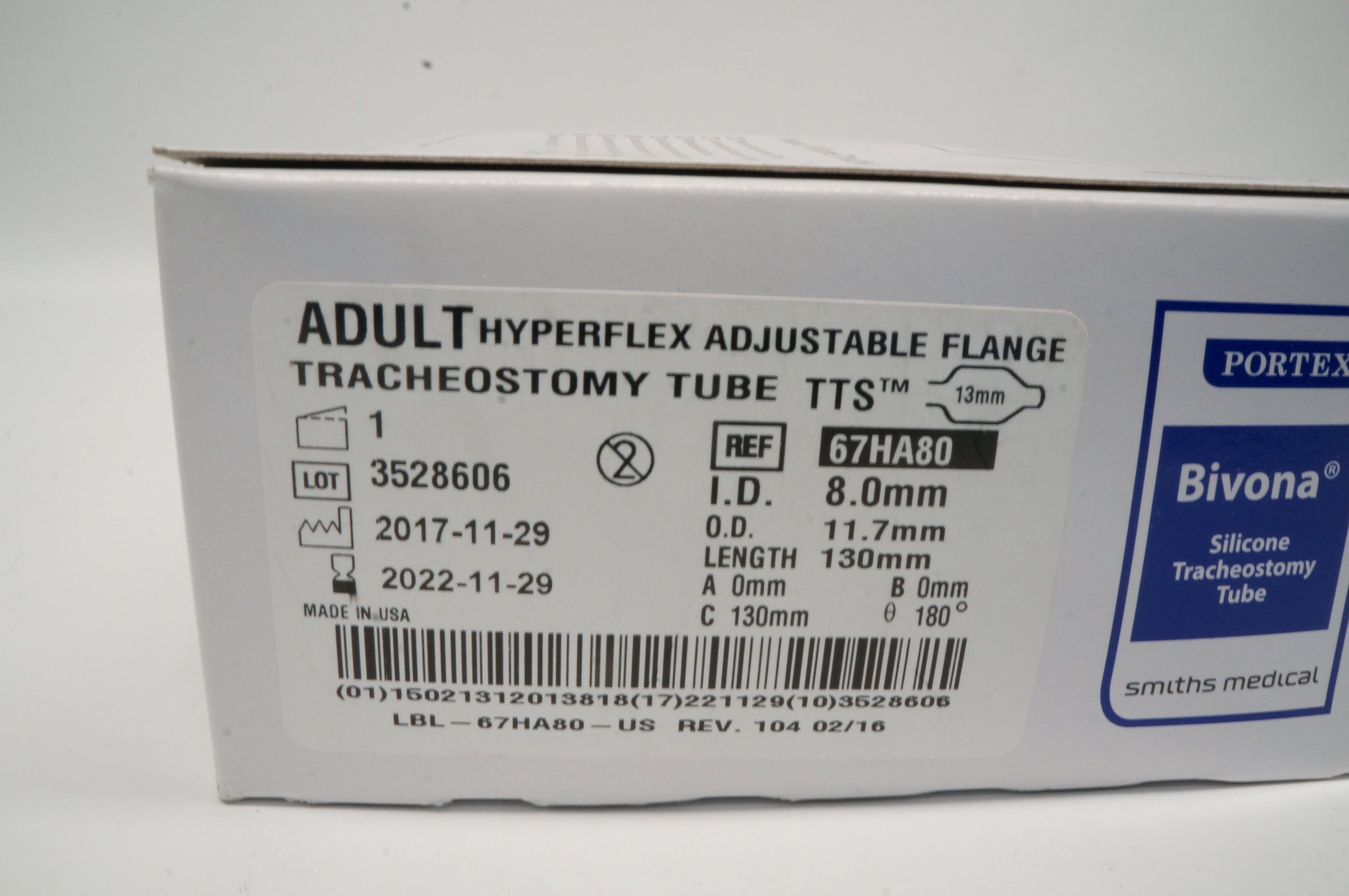 Smiths Medical 67HA80  Bivona Silicone Tracheostomy Tube 8.0 x11.7mm