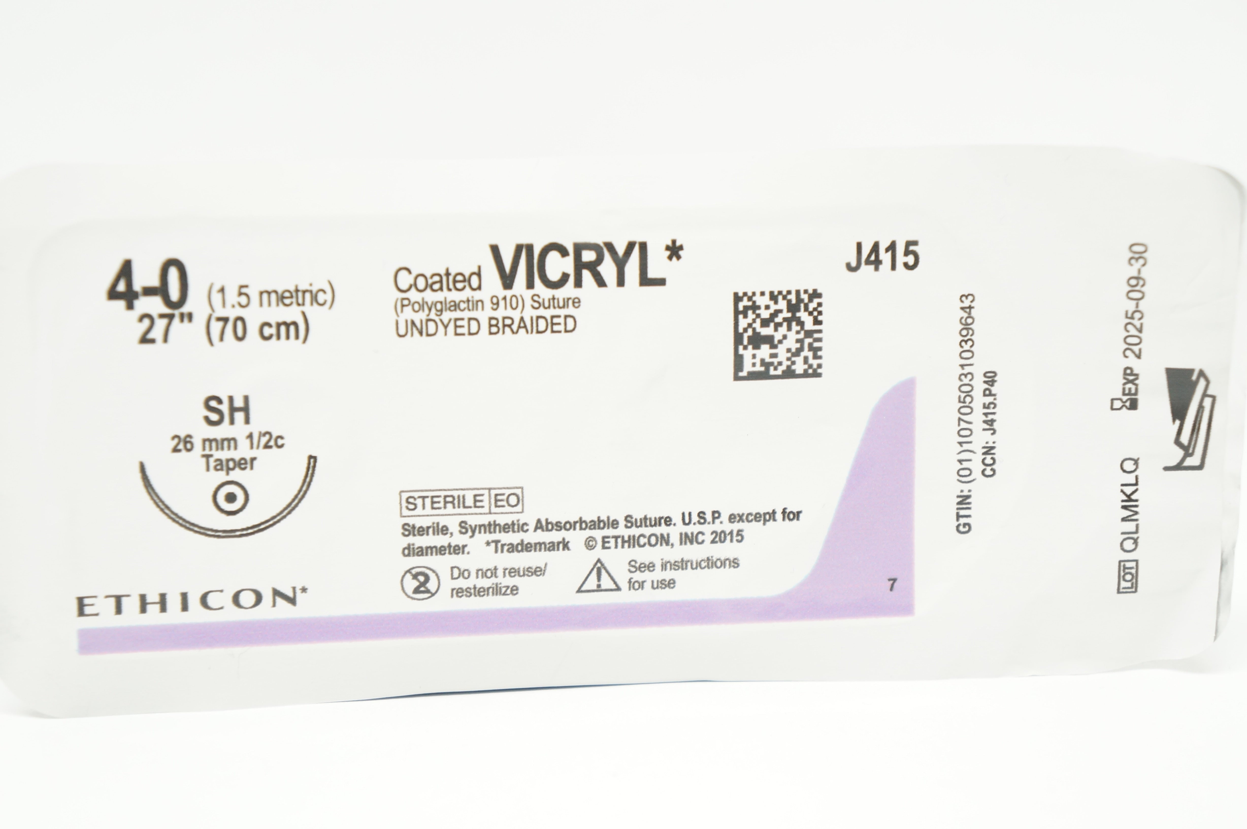 Ethicon J415 4-0 Coated Vicryl Stre Undyed Braided SH 26mm 1/2c Taper, 27inch