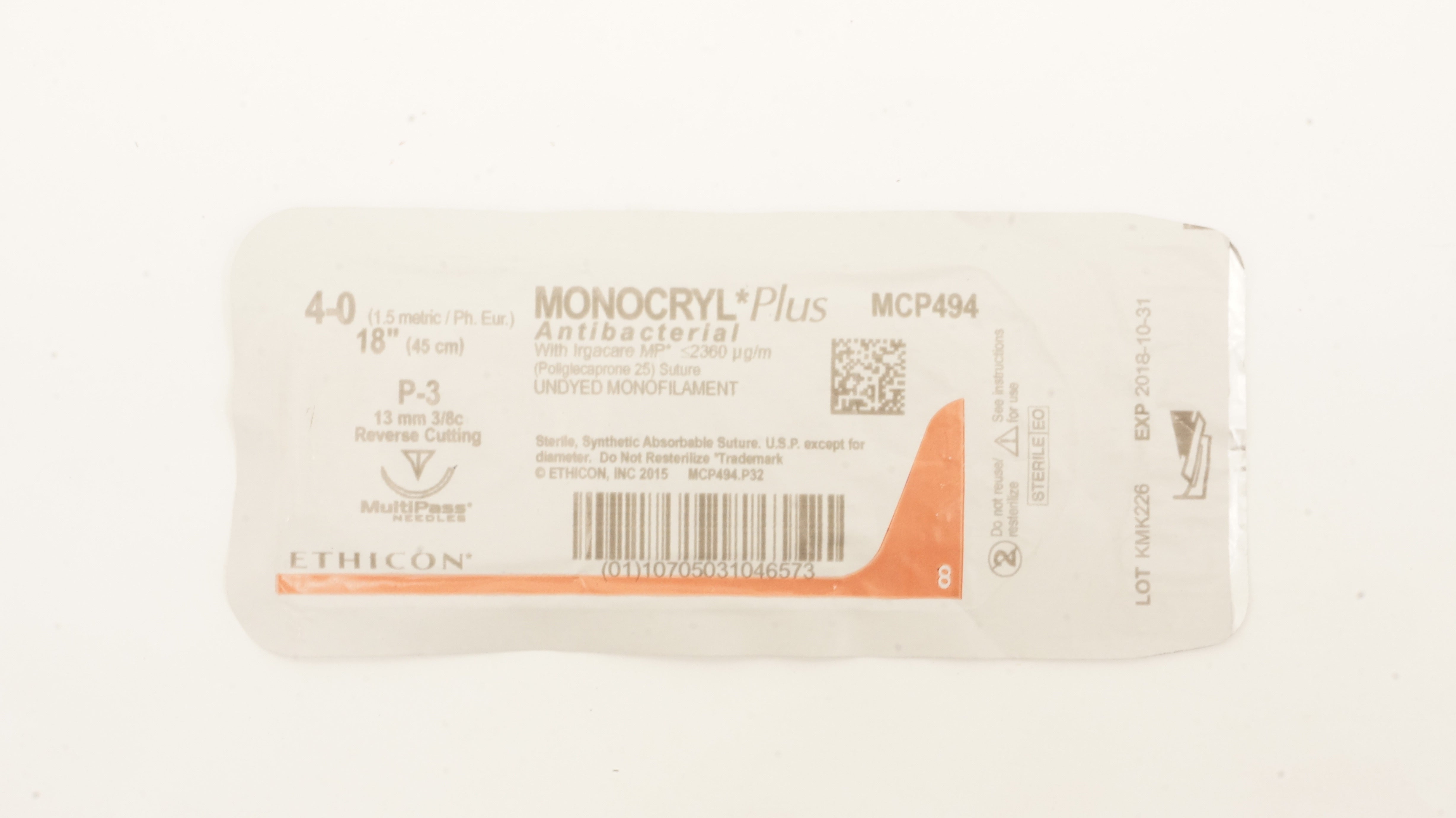 Ethicon MCP494 4-0 MONOCRYL Plus Stre P-3, 13mm 3/8c Reverse Cutting, 18inch (x)