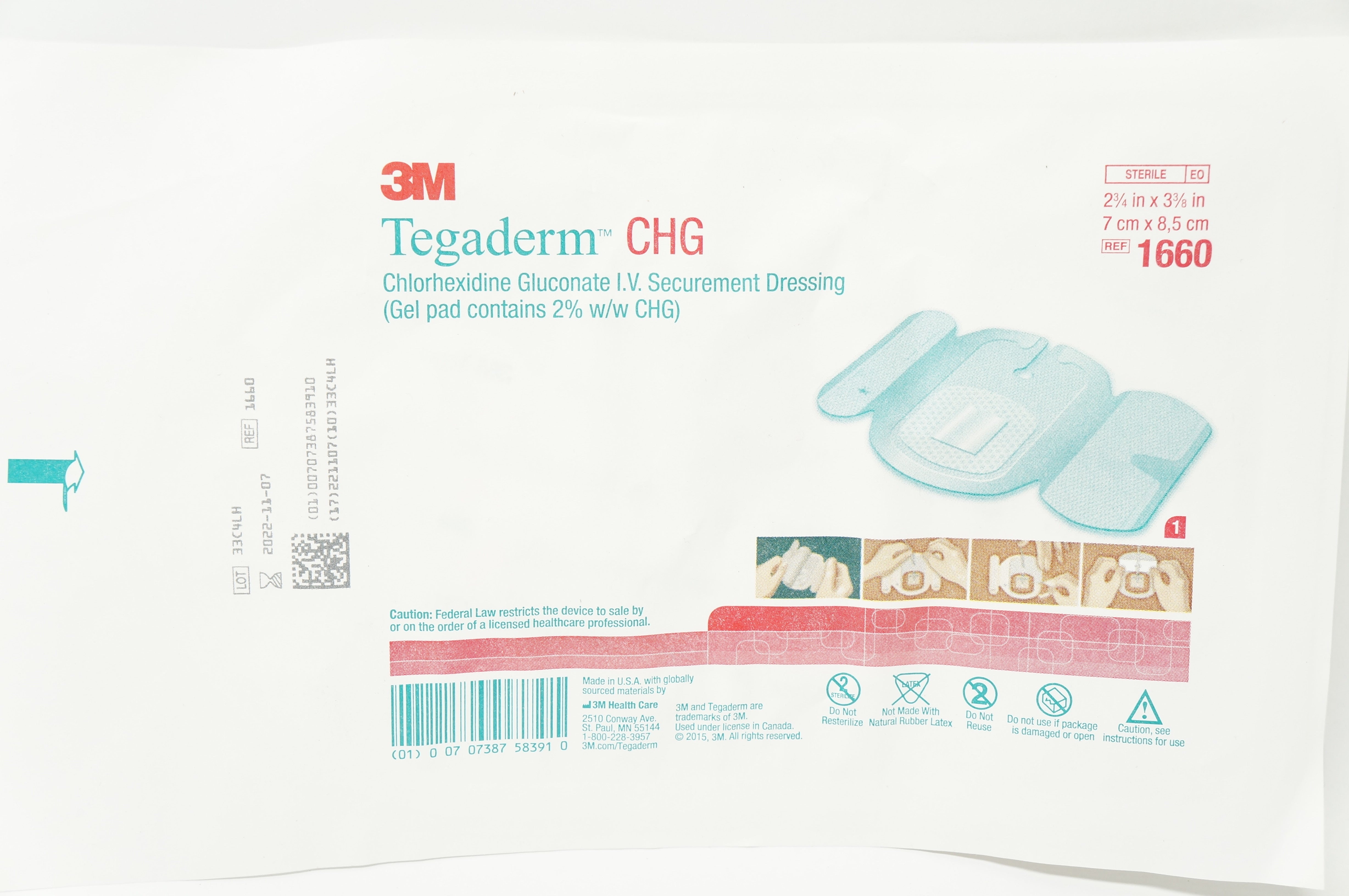 3M 1660 Tegaderm CHG Chlorhexidine Gluconate 2-3/4 x 3-3/8inch