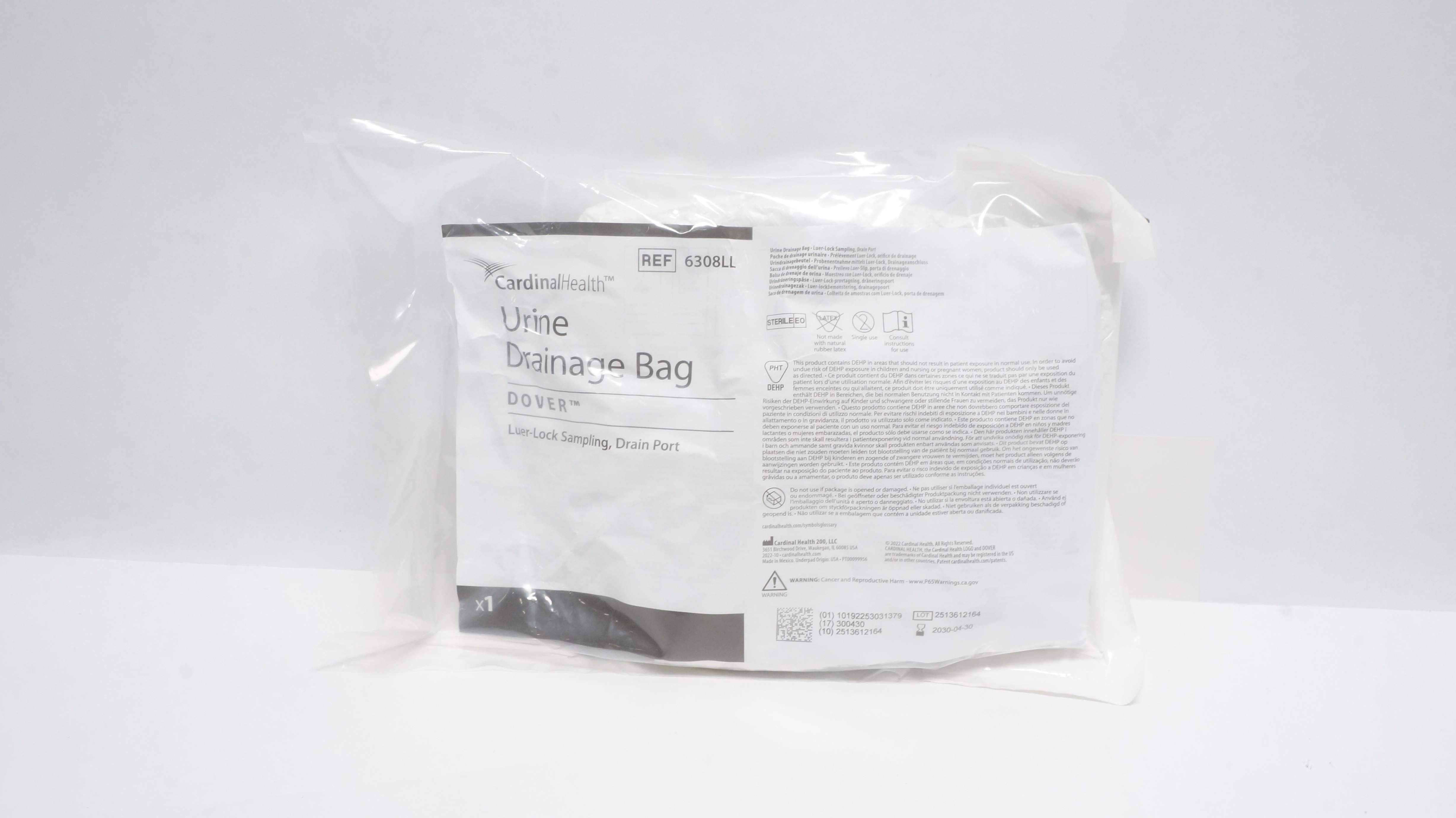 Cardinal Health 6308LL Urine Drainage Bag Dover Luer-Lock Sampling, Drain Port