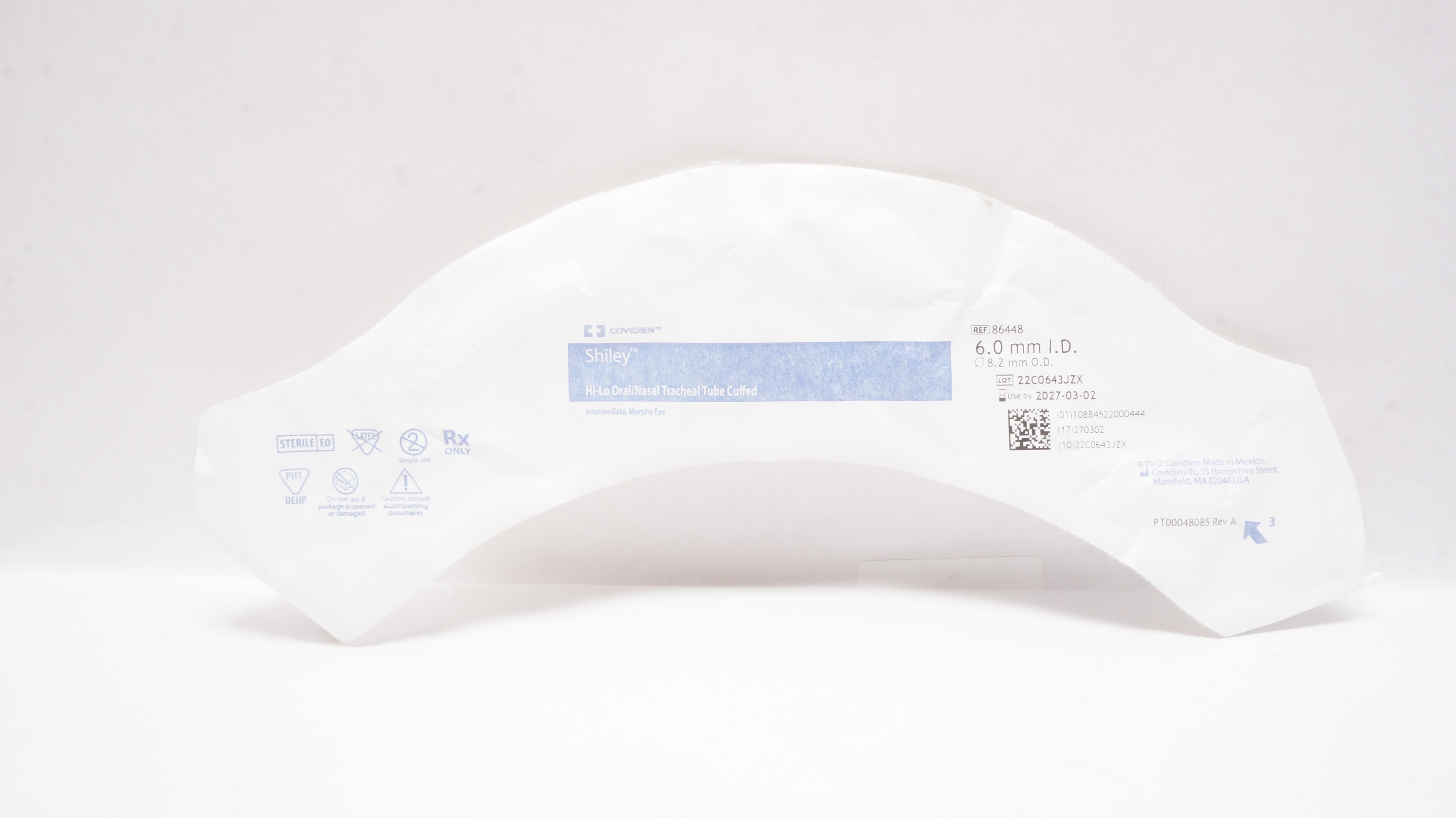 Covidien 86448 Shiley Hi-Lo Oral/Nasal Tracheal Tube Cuffed 6.0mm ID x 8.2mm OD