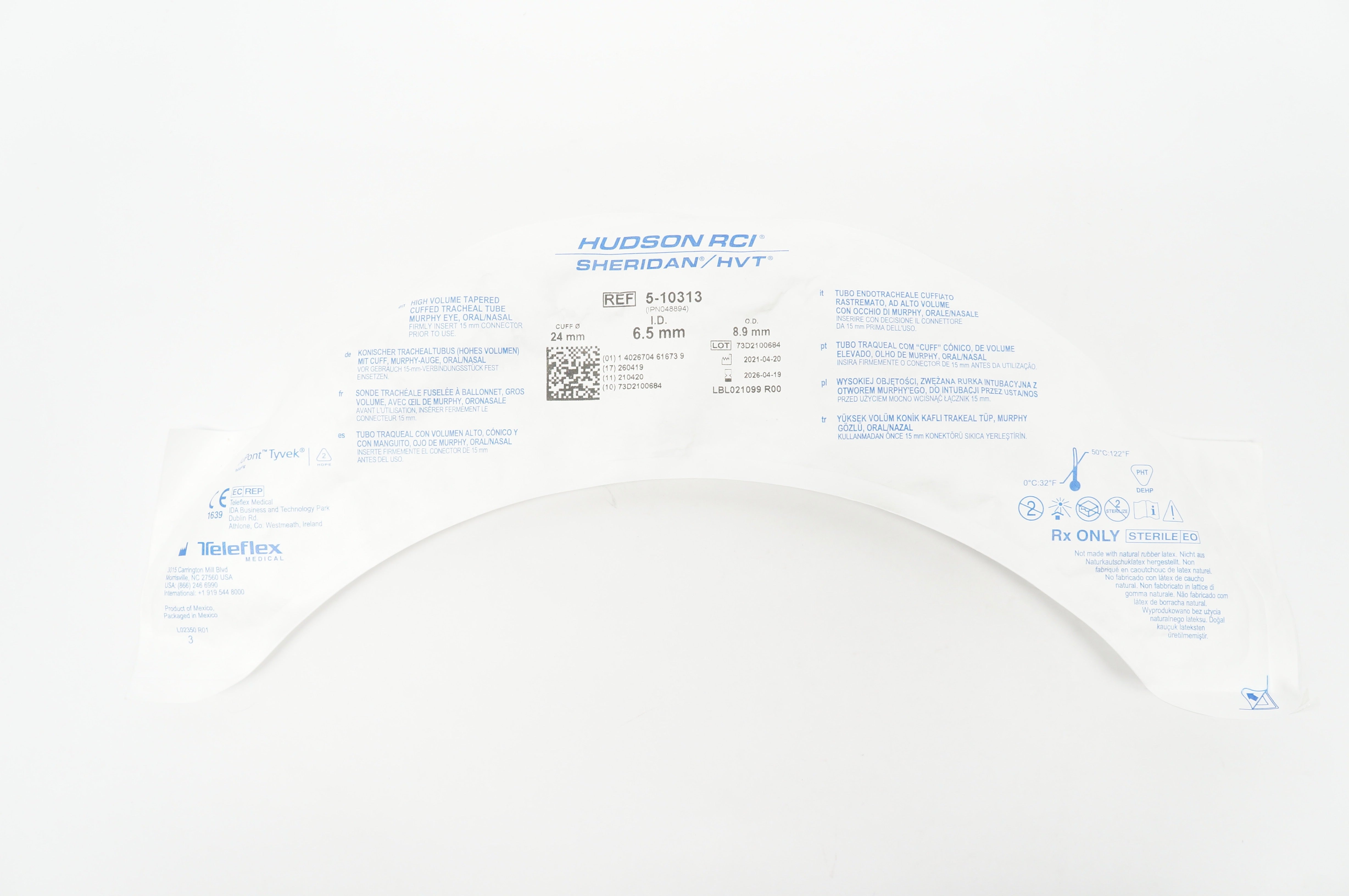 Teleflex 5-10313 Hudson RCI Sheridan HVT Cuffed Tracheal Tube 6.5x 8.9 x 24mm