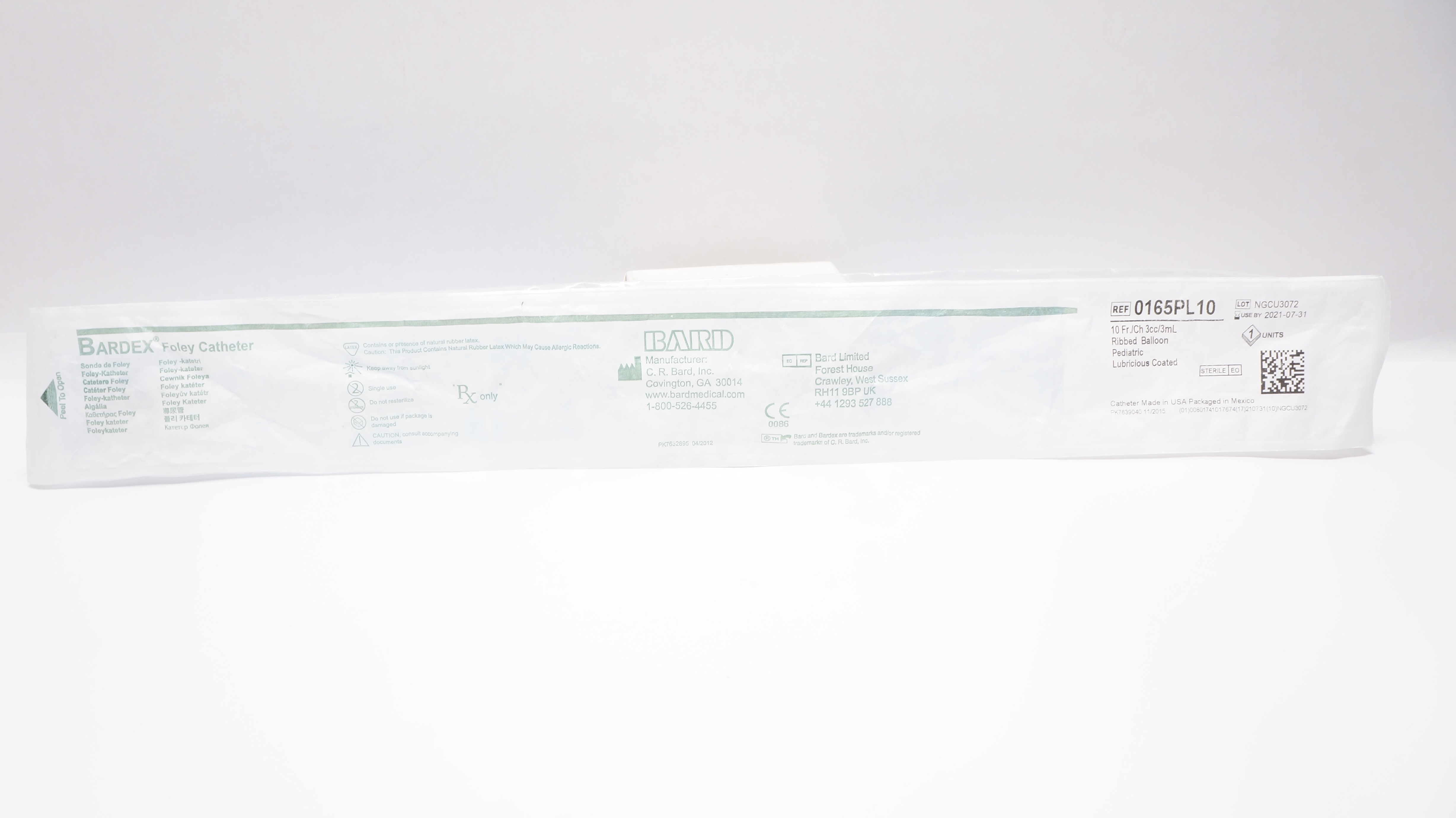 Bard 0165PL10 Bardex Foley Pediatric Cath. 10Fr/Ch x 3cc/3mL Ribbed Balloon (x)