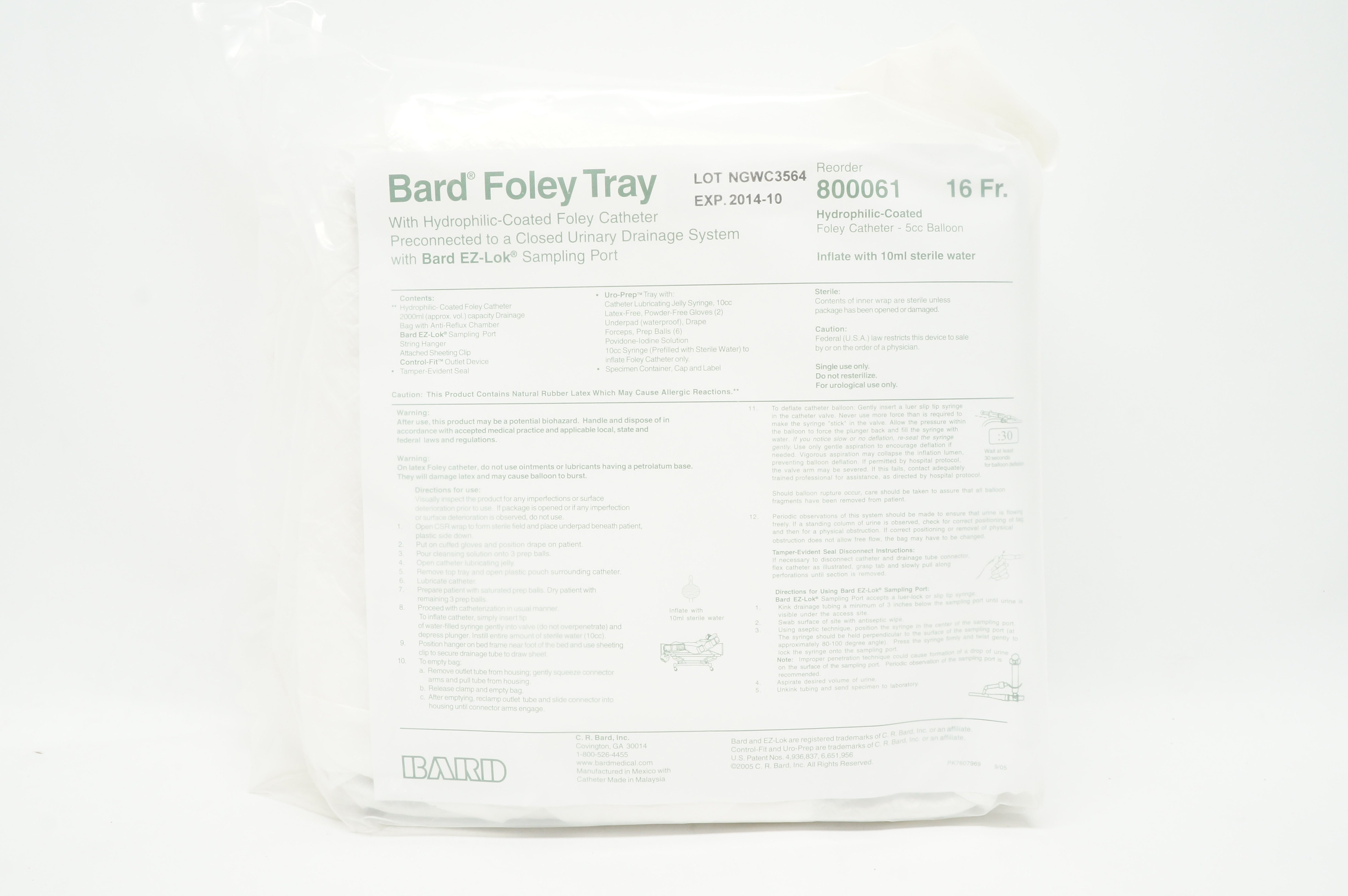 Bard 800061 Foley Tray W/ Hydrophillic-Coated Foley Cath. 16Fr. (x)