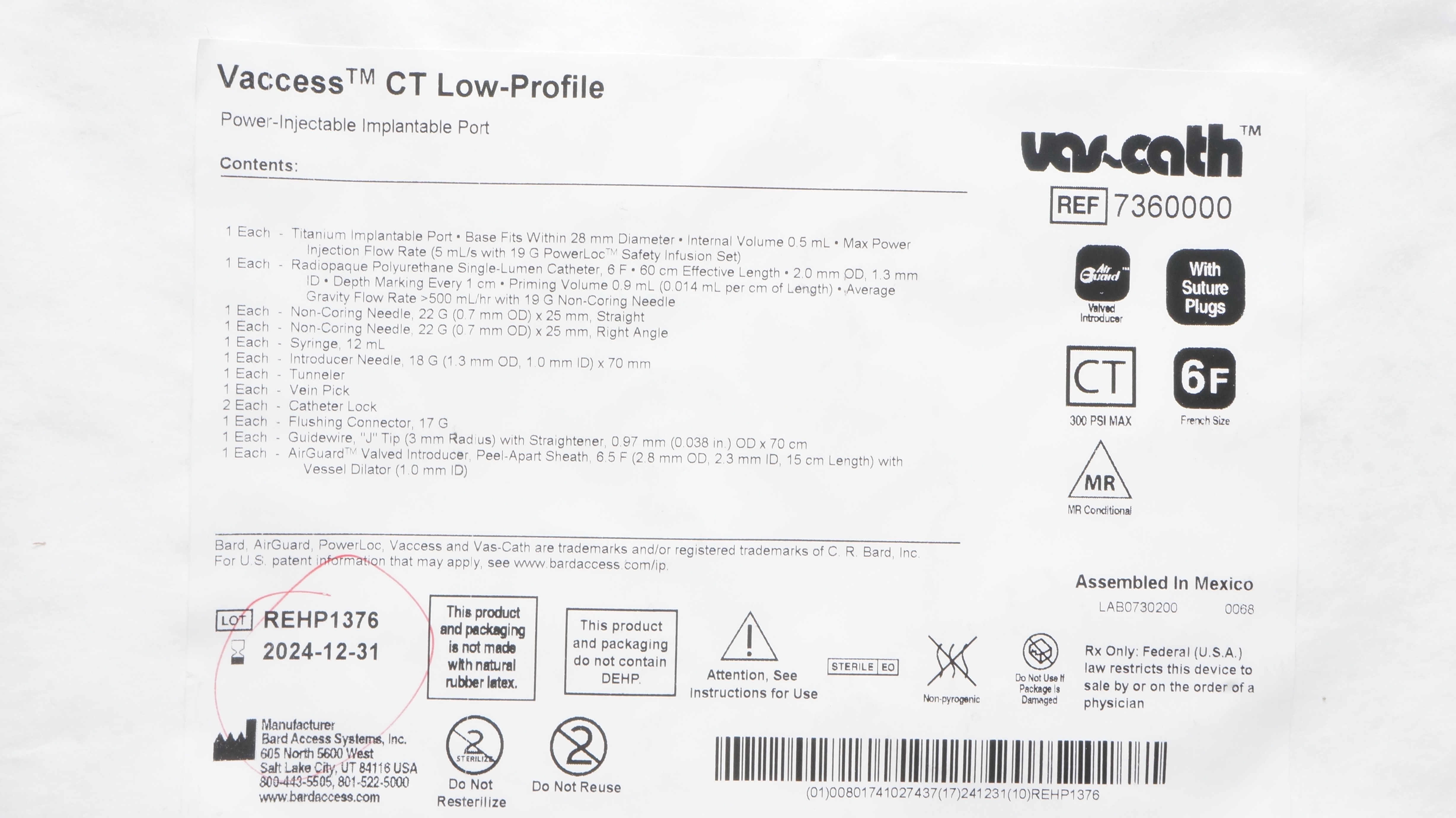 Bard 7360000 Vaccess Power-Injectable Implantable Port 6F (x)