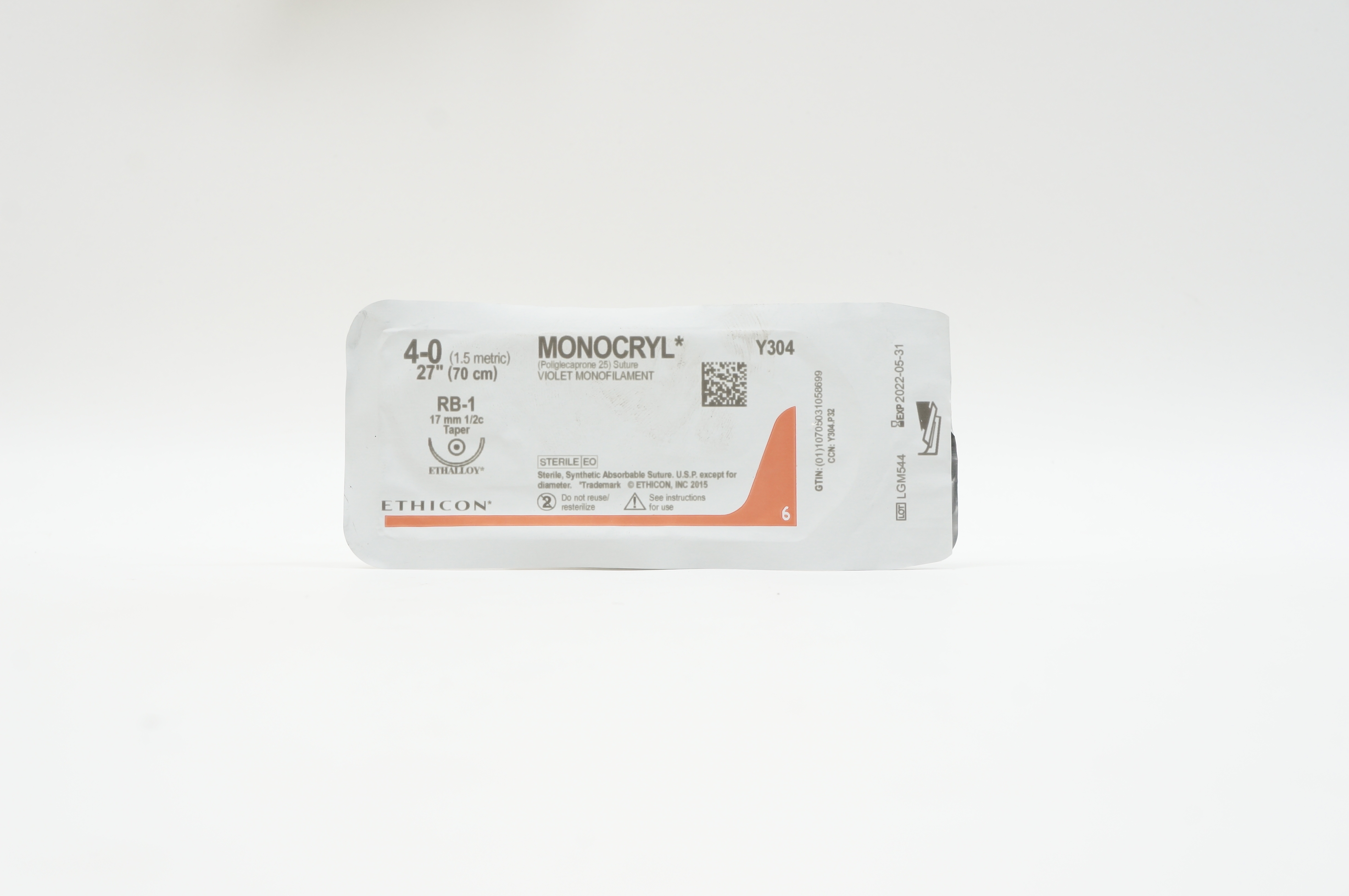 Ethicon Y304 4-0 MONOCRYL, RB-1, 17mm 1/2c Taper, 27inch