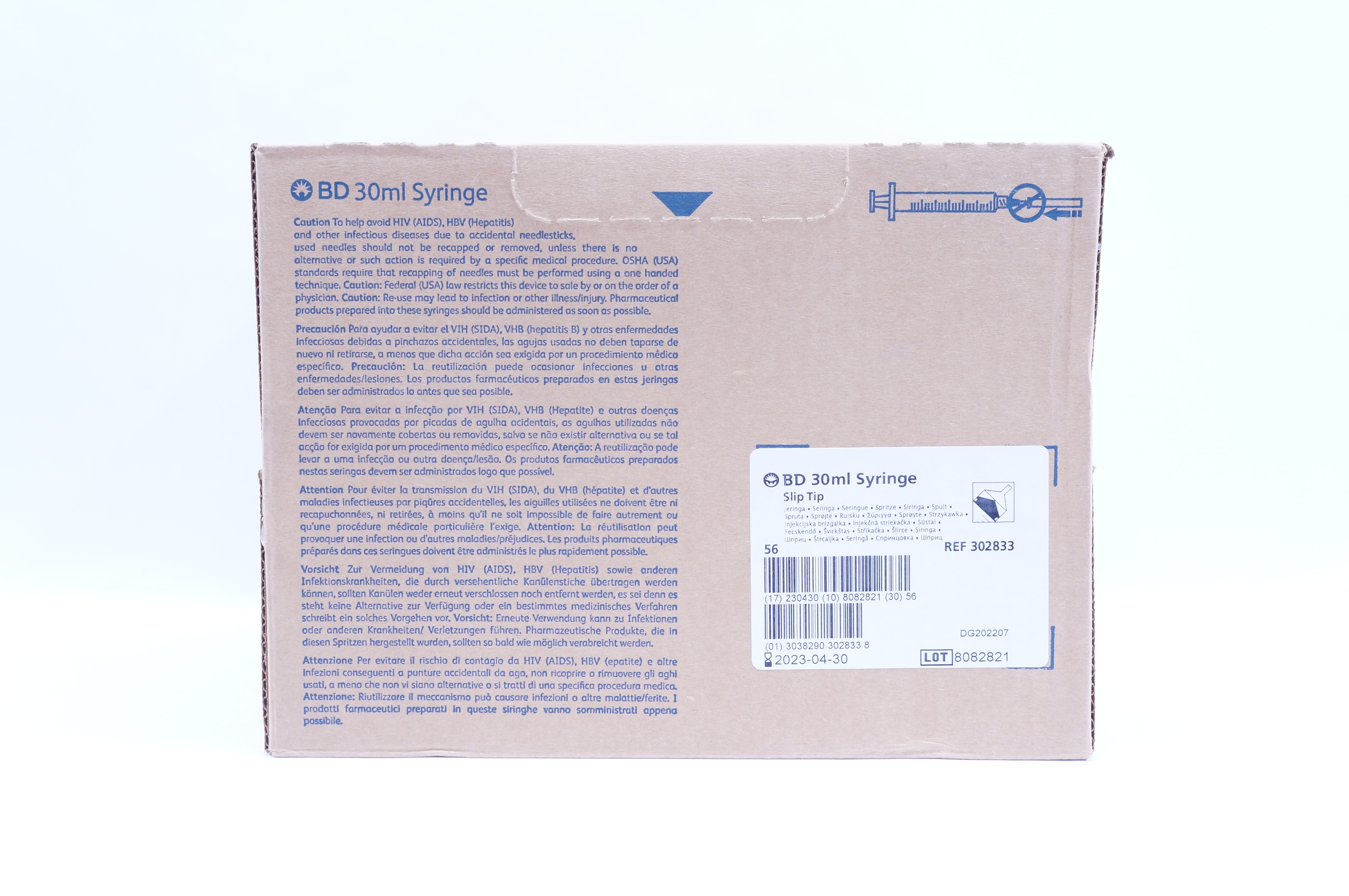 BD 302833 30 ml Syringe Slip Tip - Box of 56