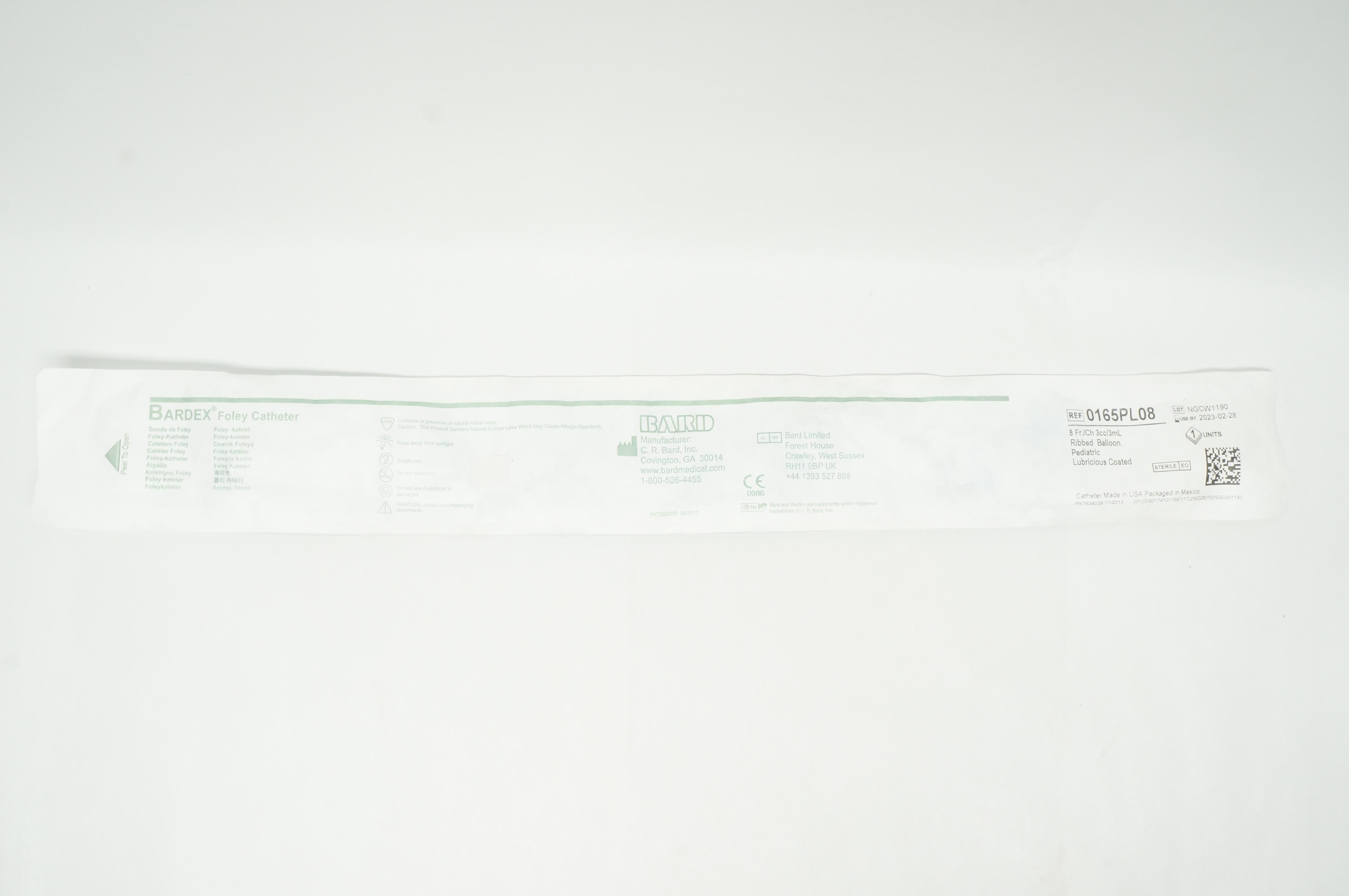 Bard 0165PL08 Bardex Foley Cath. 8Fr. 3cc Ribbed Balloon Pediatric (x)