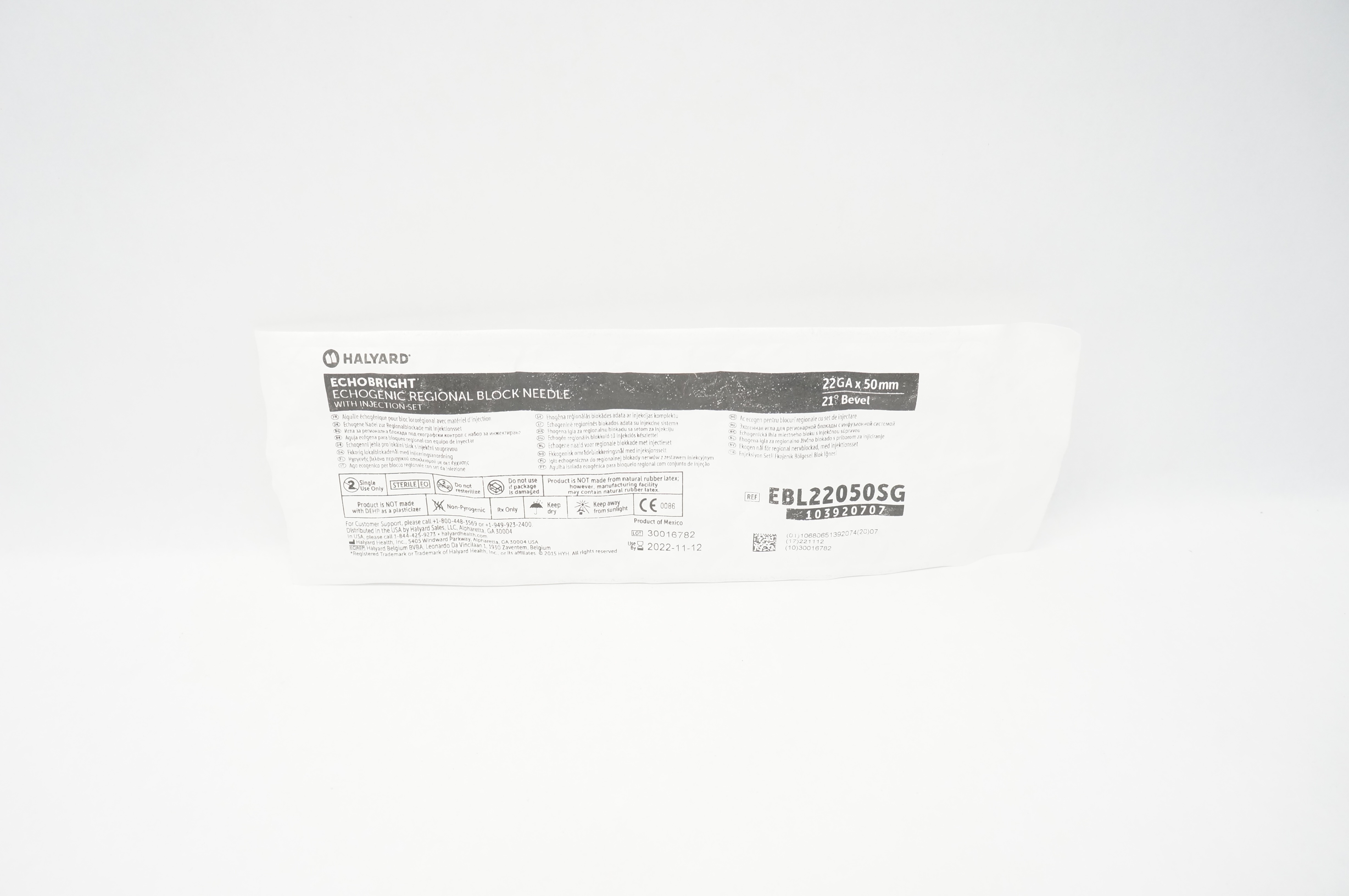 Halyard EBL22050SG EchoBright Echogenic Regional Block Ndle 22Ga x 50mm