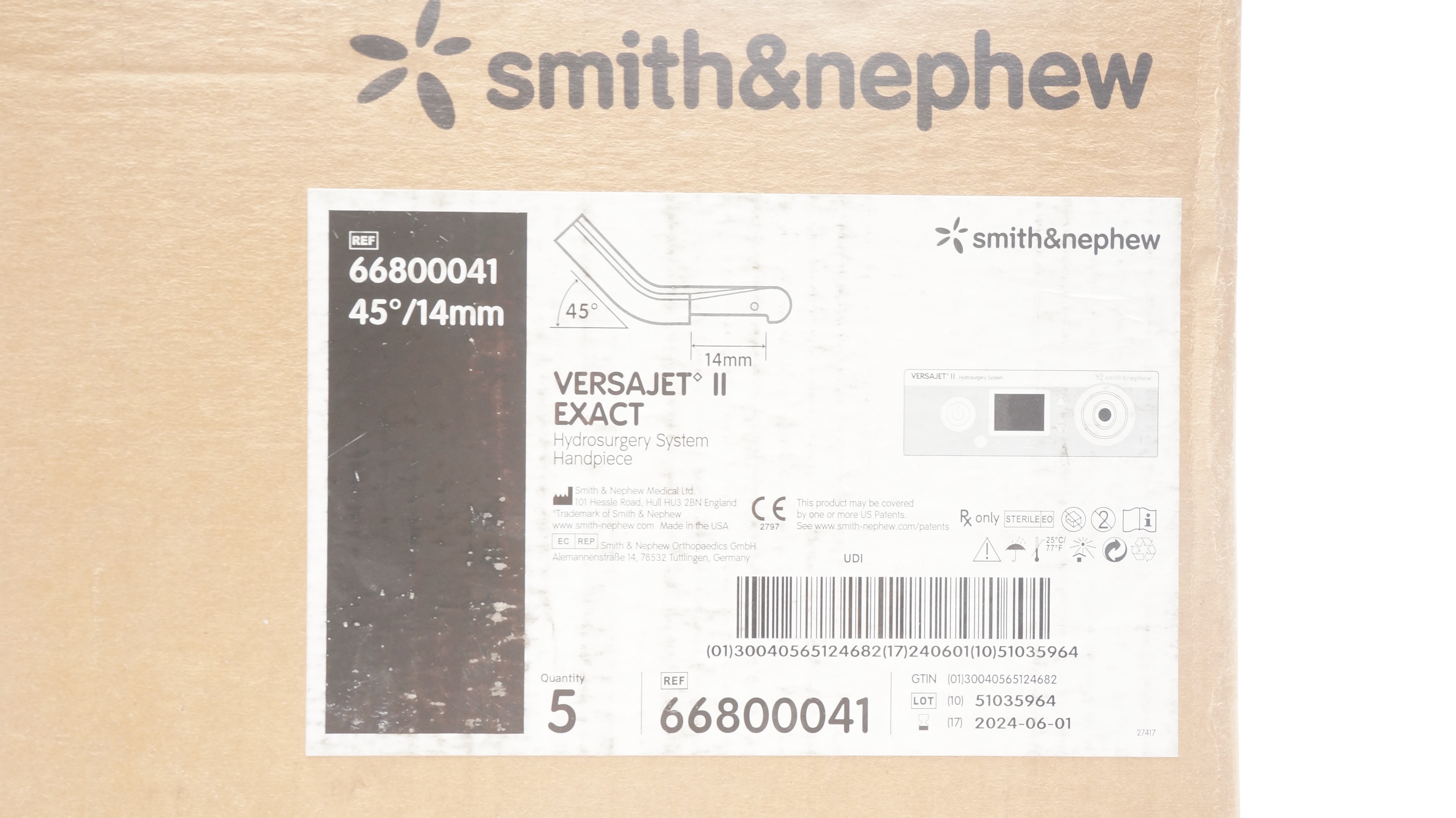Smith&Nephew 66800041 Versajet II Hydrosurgery System Handpiece 14mm(x)-Box of 6