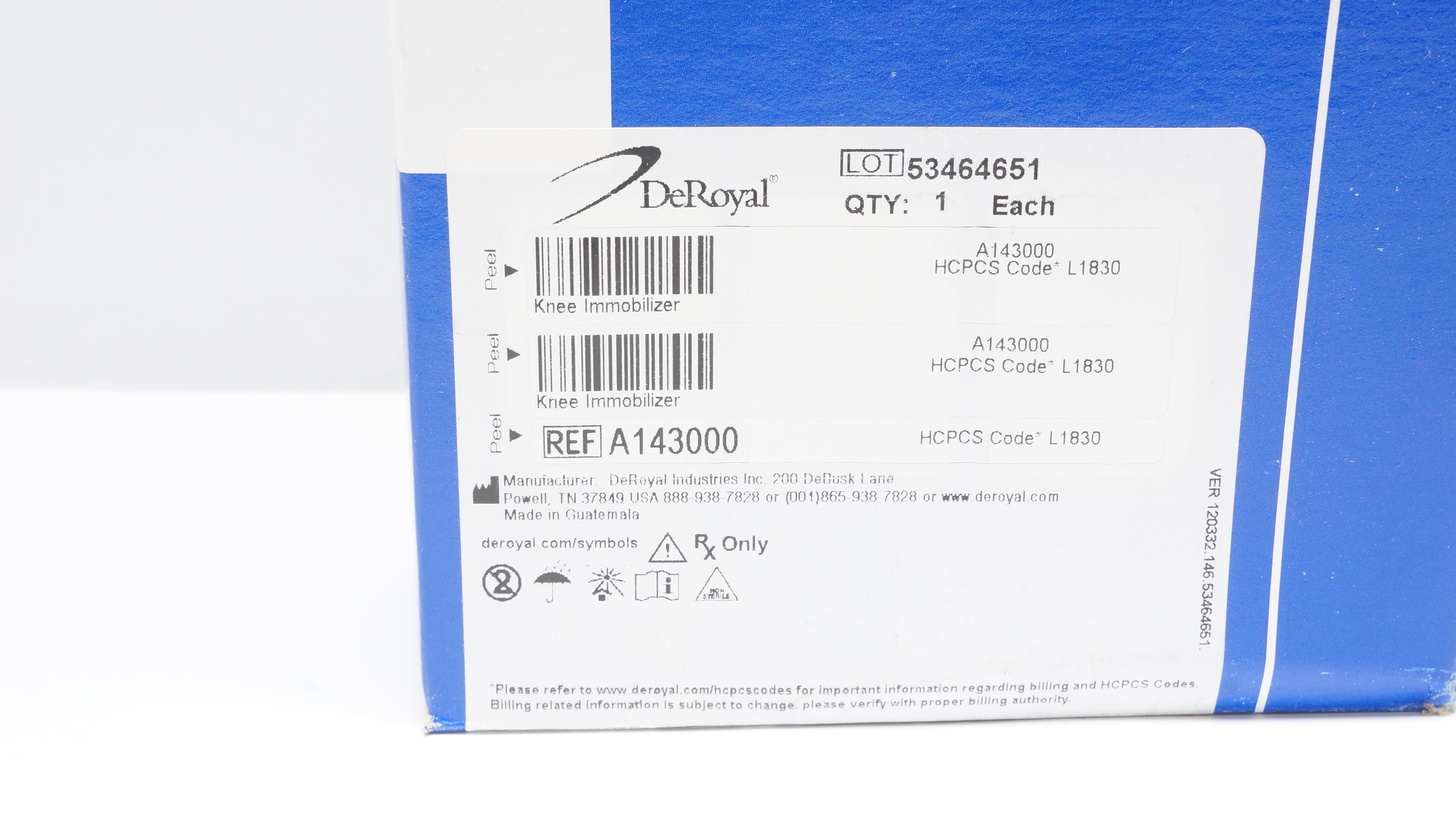 DeRoyal A143000 Knee Immobilizer Tri-Panel Universal 19inch