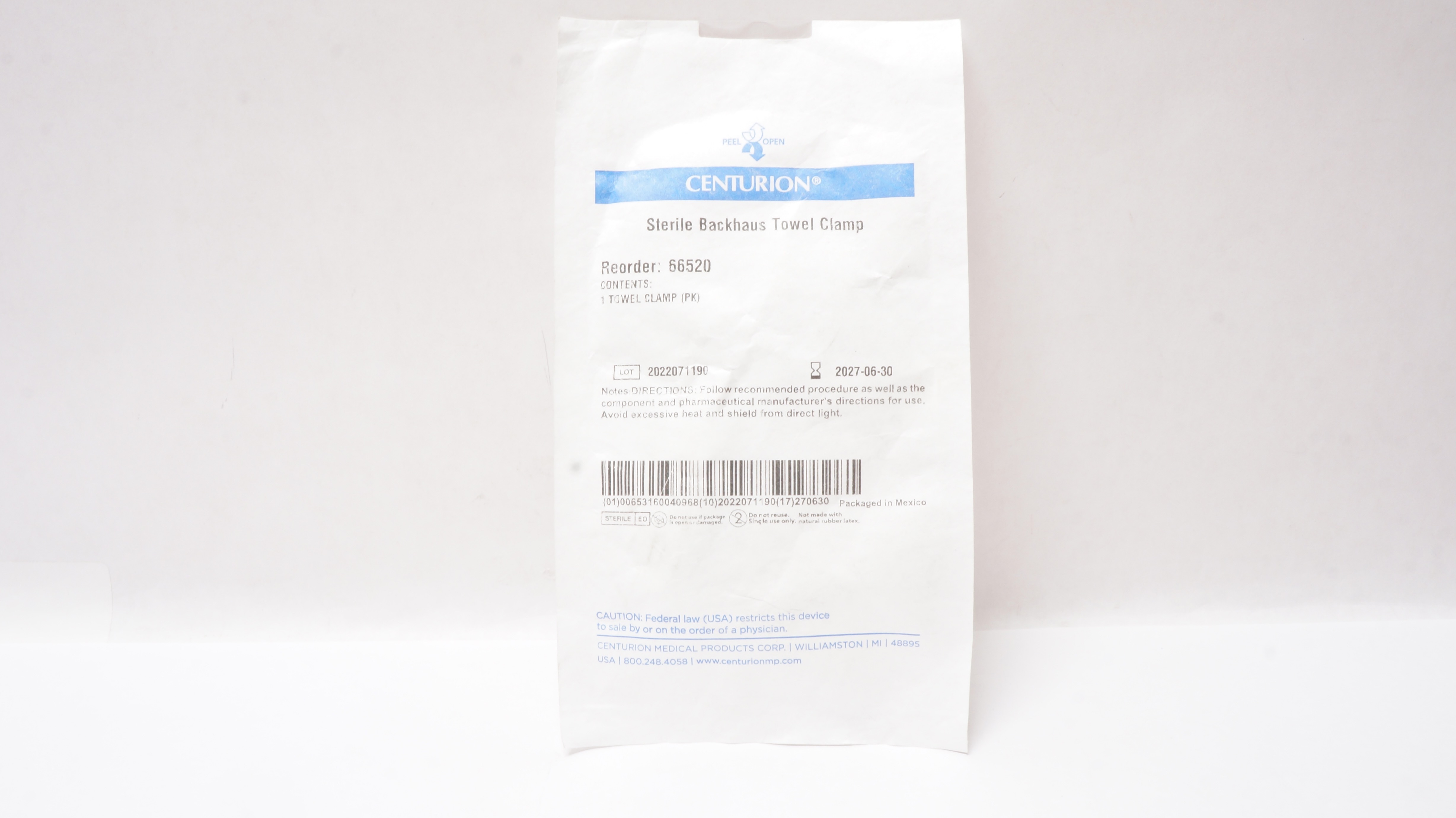 Centurion 66520 Sterile Backhaus Towel Clamp