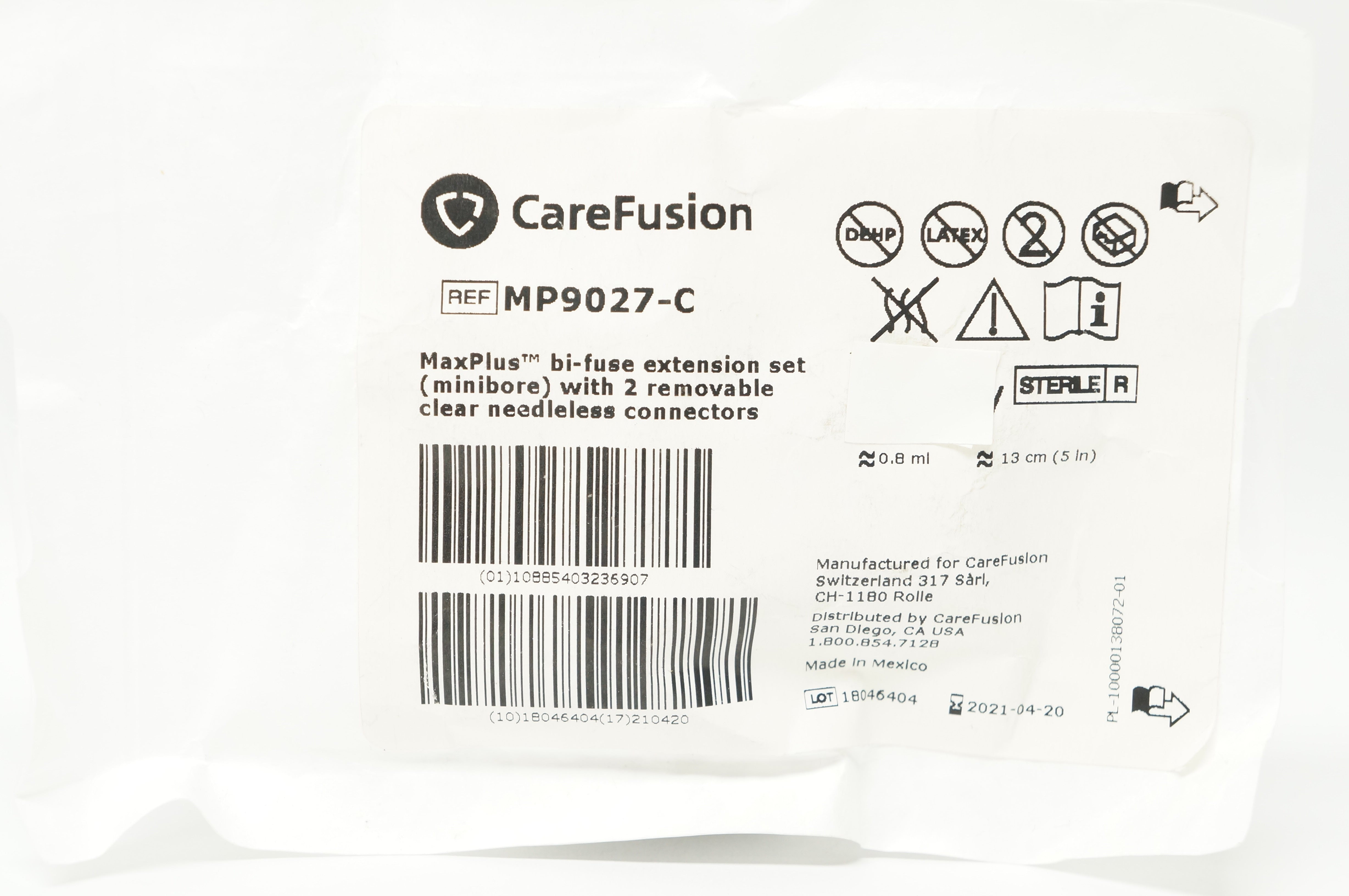 CareFusion MP9027-C MaxPlus Bi-Fuse Extension Set 0.8ml x 5in.