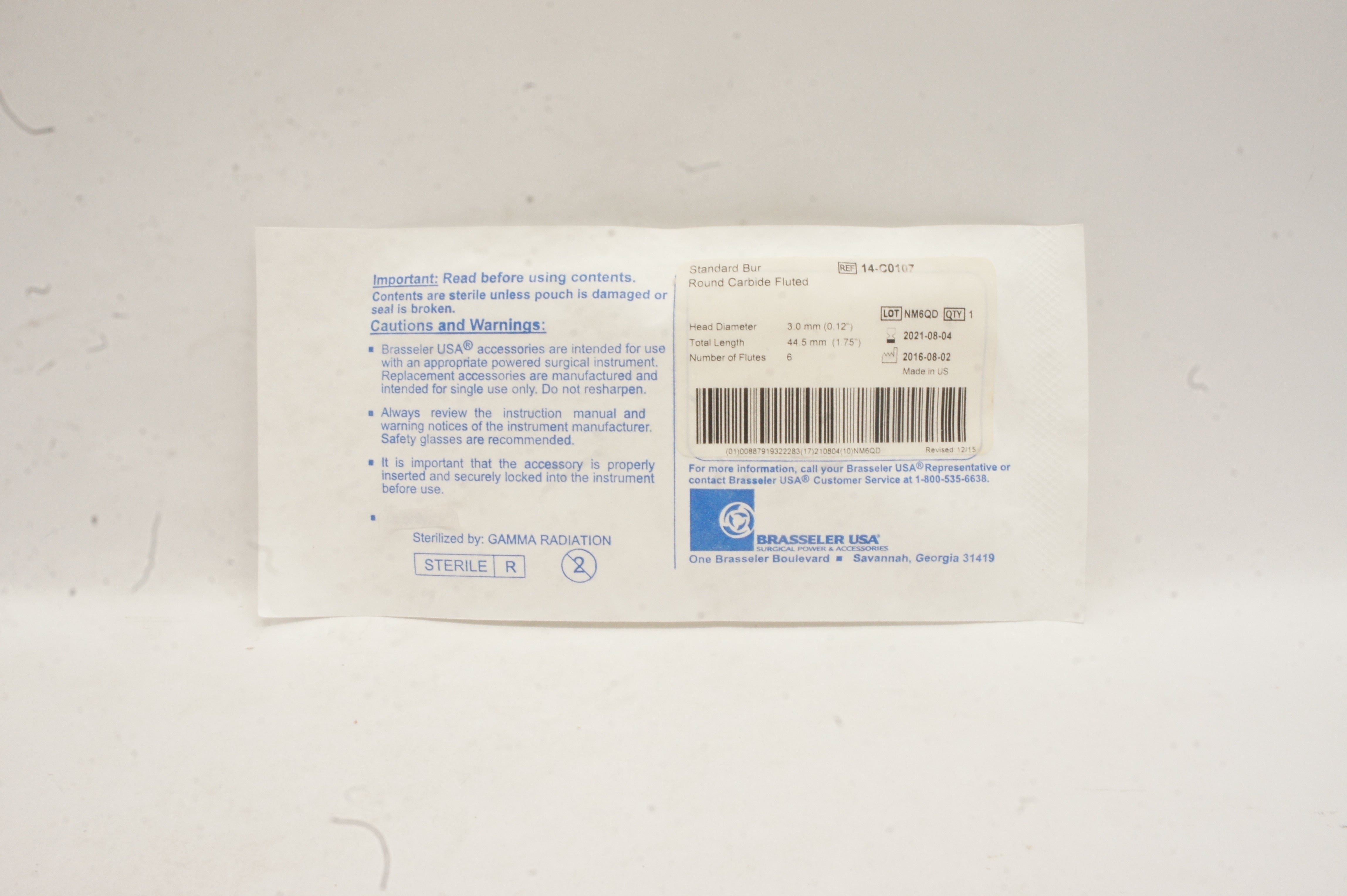 Brasseler 14-C0107 Standard Bur Round Carbide Fluted 0.12x1.75in. (x)