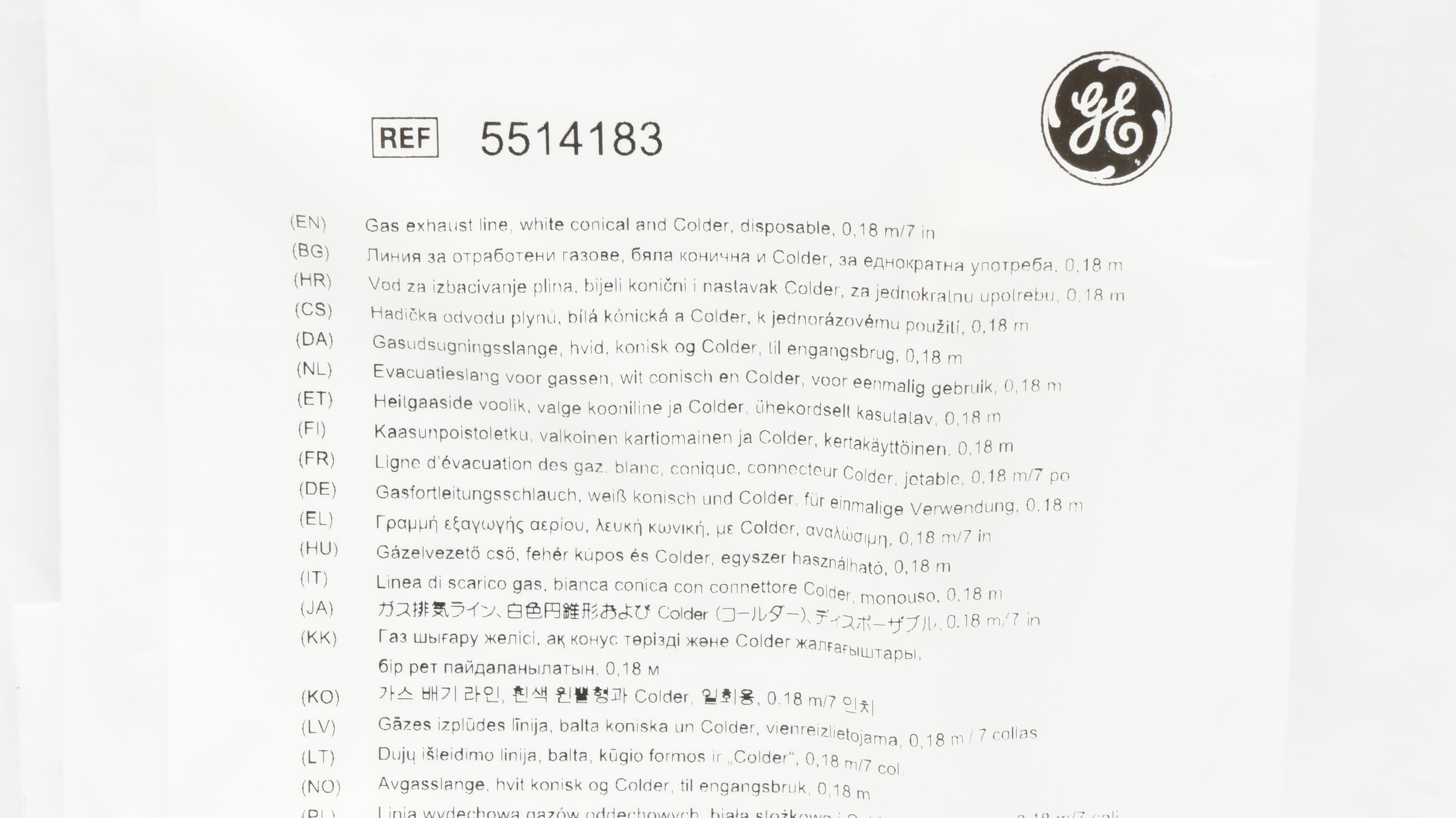 GE Healthcare 5514183 gas Exhaust Line White Conical & Colder, Disposable 7inch