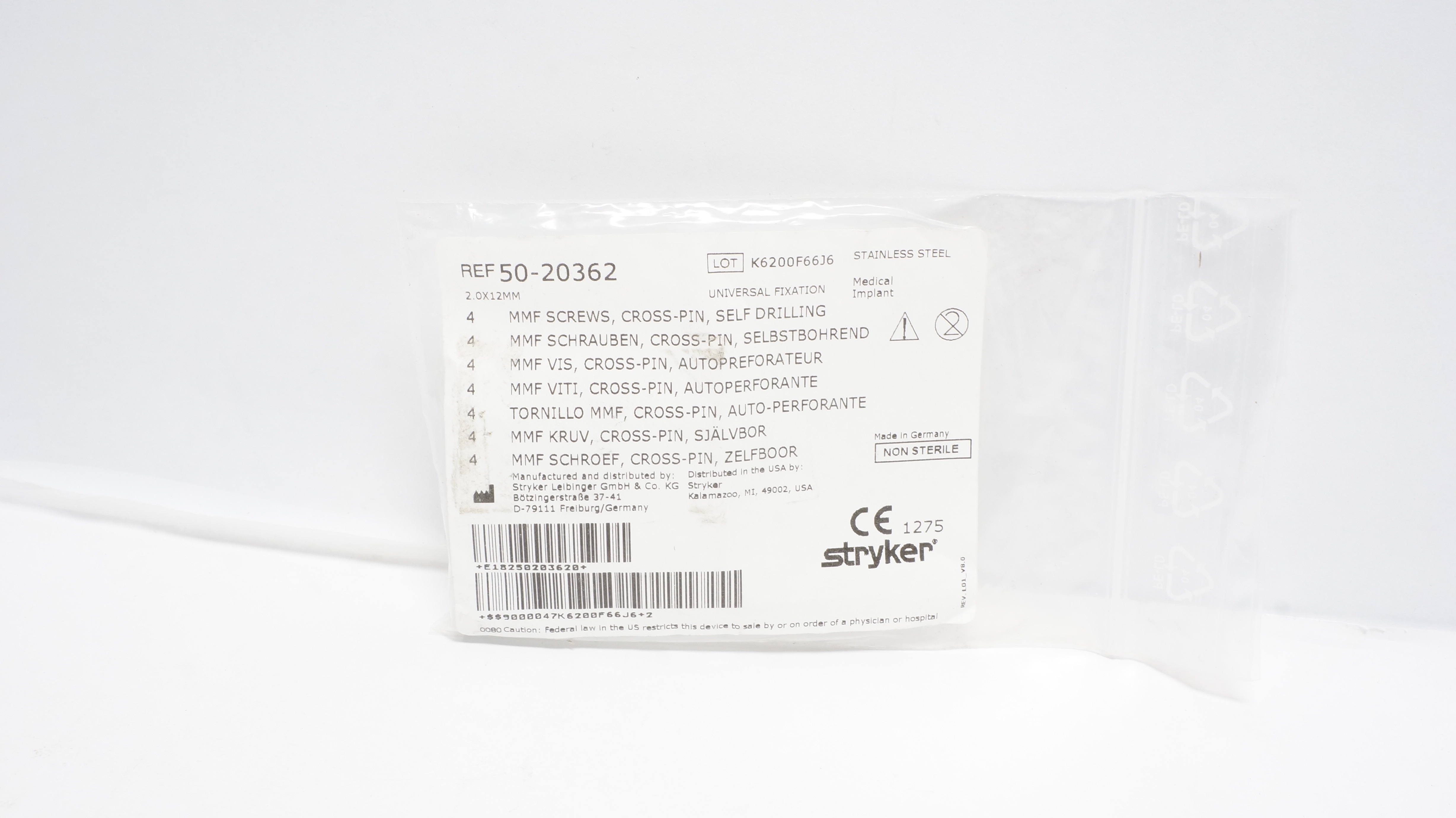 Stryker 50-20362 MMF Screws, Cross-Pin, Self Drilling, 2.0 x 12mm - Pack of 4