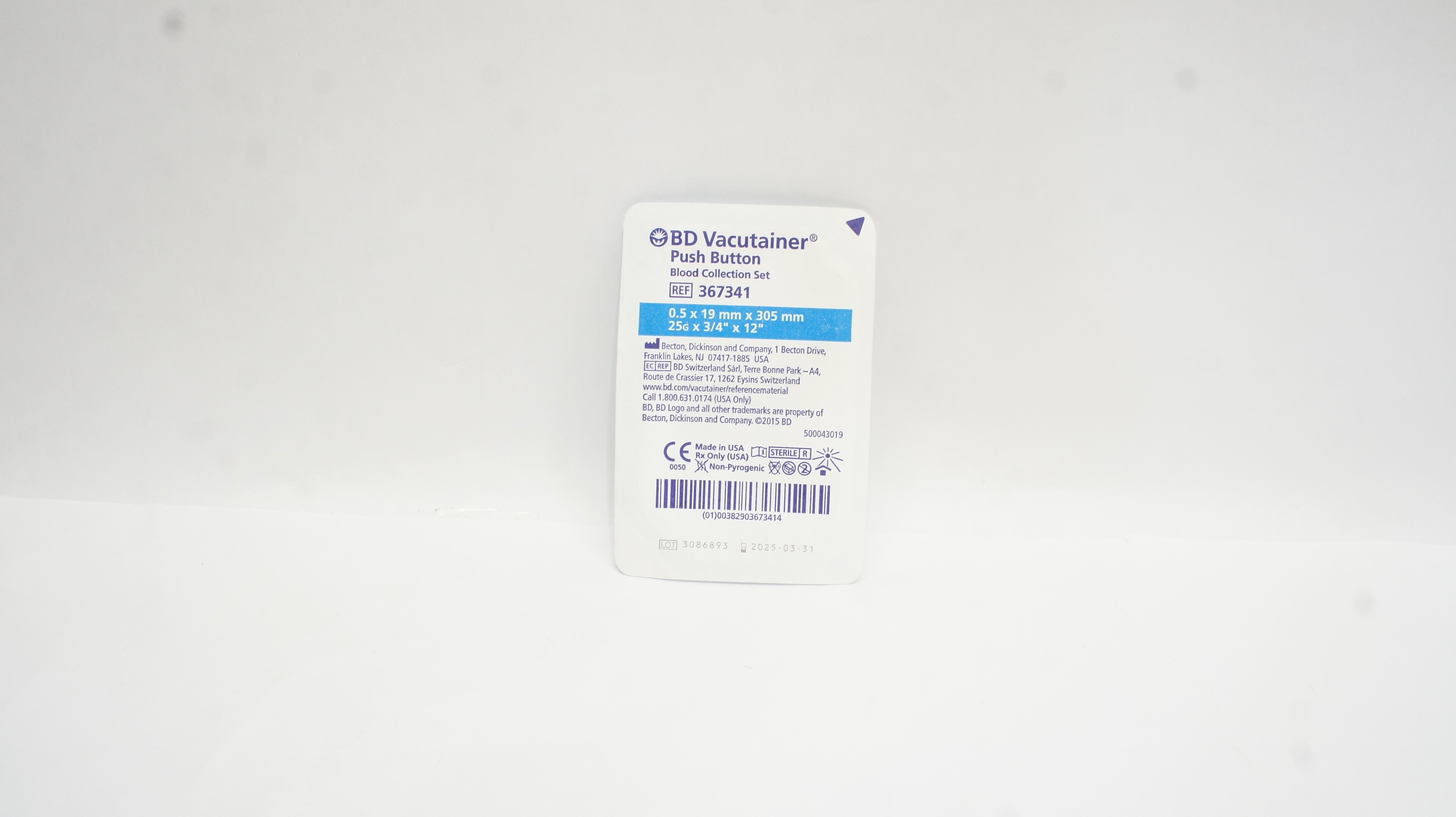BD 367341 Vacutainer Push Button Blood Collection Set 25G x 3/4inch x 12inch