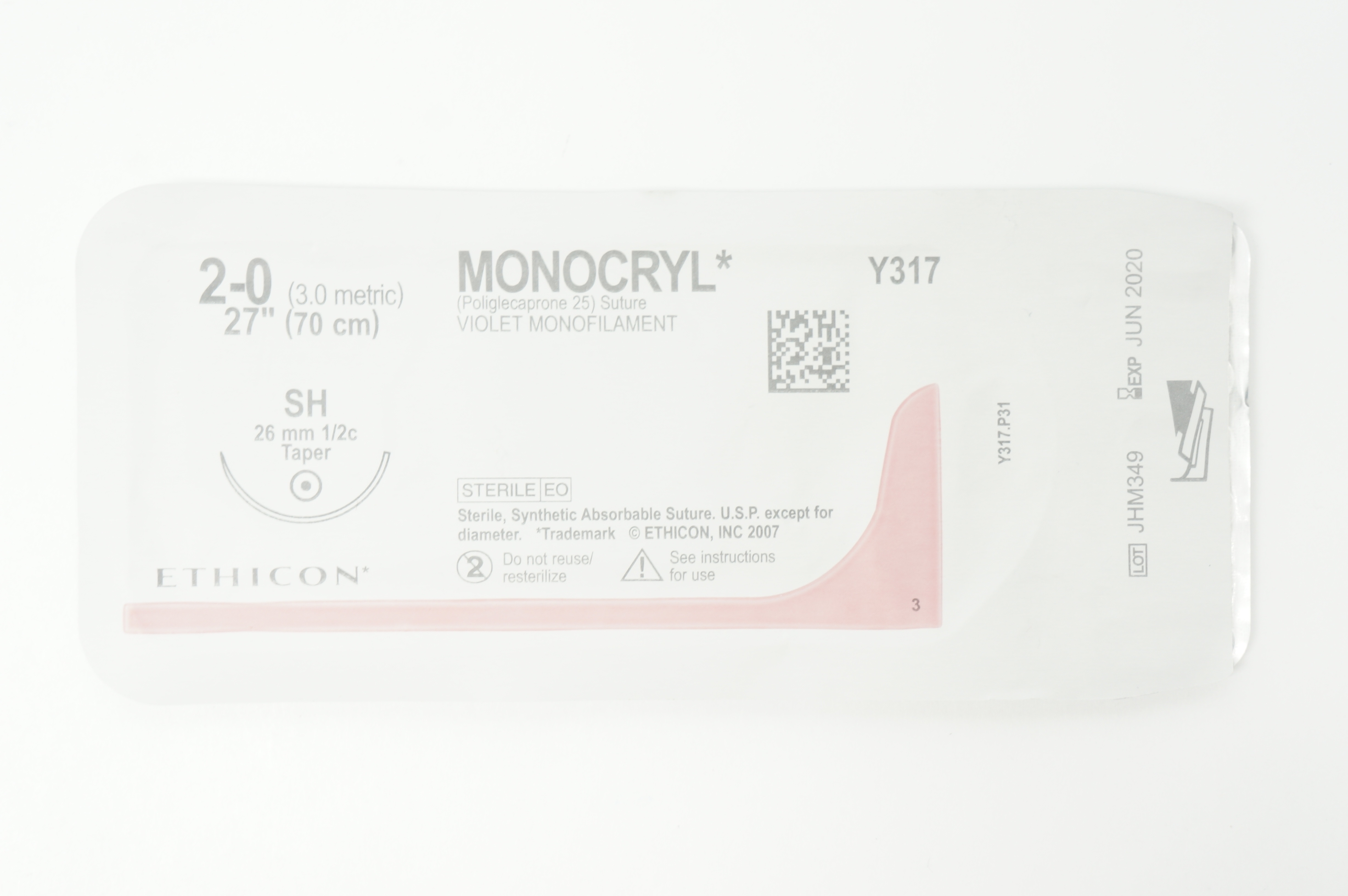 Ethicon Y317 2-0 MONOCRYL Violet Monofilament SH 26mm 1/2c Taper, 27inch (x)