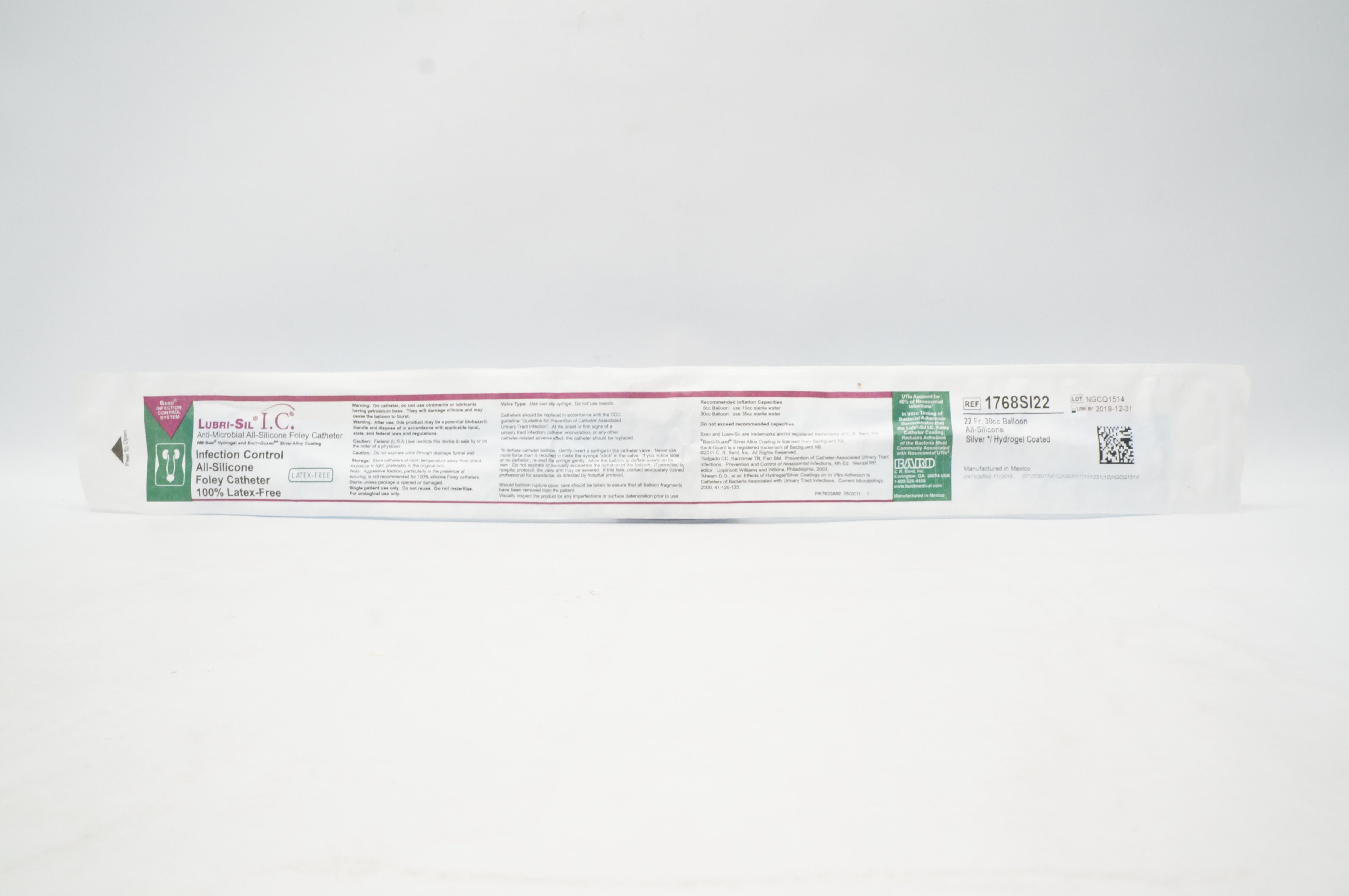Bard 1768SI22 Lubri-Sil Silver/Hydrogel Coated Foley Cath. 30cc Balloon 22Fr (x)