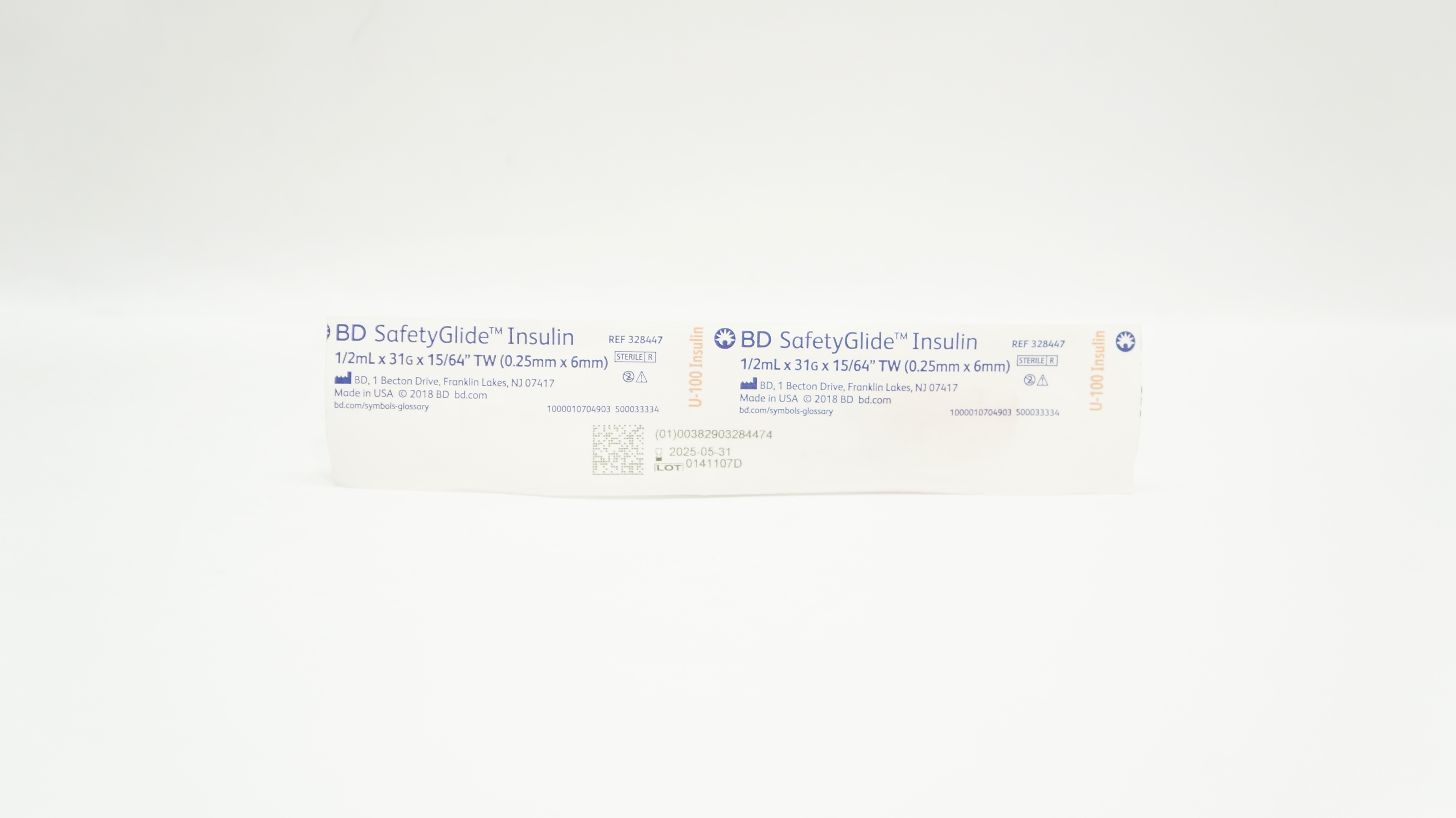 BD 328447 SafetyGlide U-100Insulin Syringe 1/2mL x 31G x 15/64inch TW