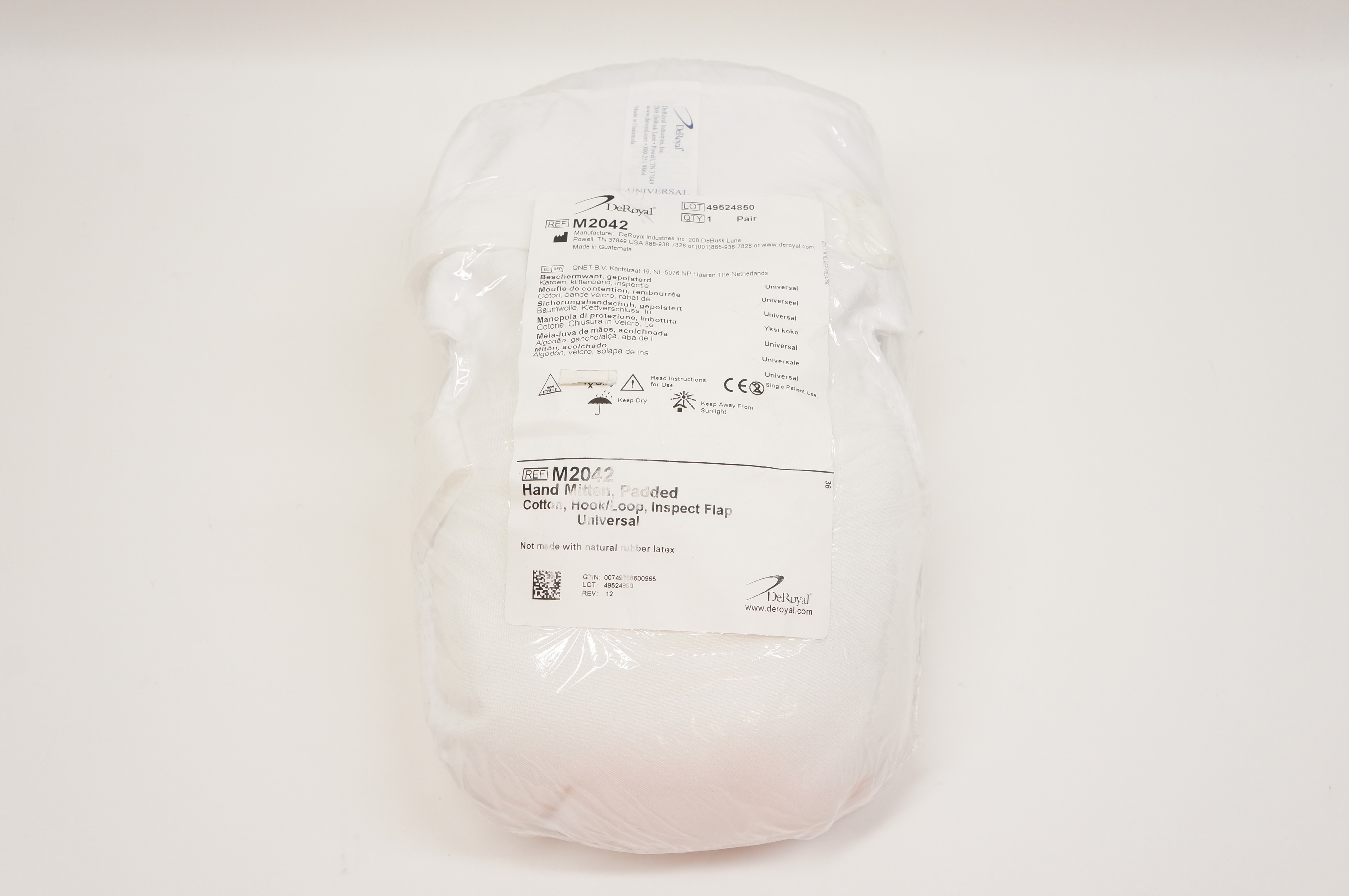 DeRoyal M2042 Hand Mitten Padded Cotton Hook/Loop Inspect Flap Universal