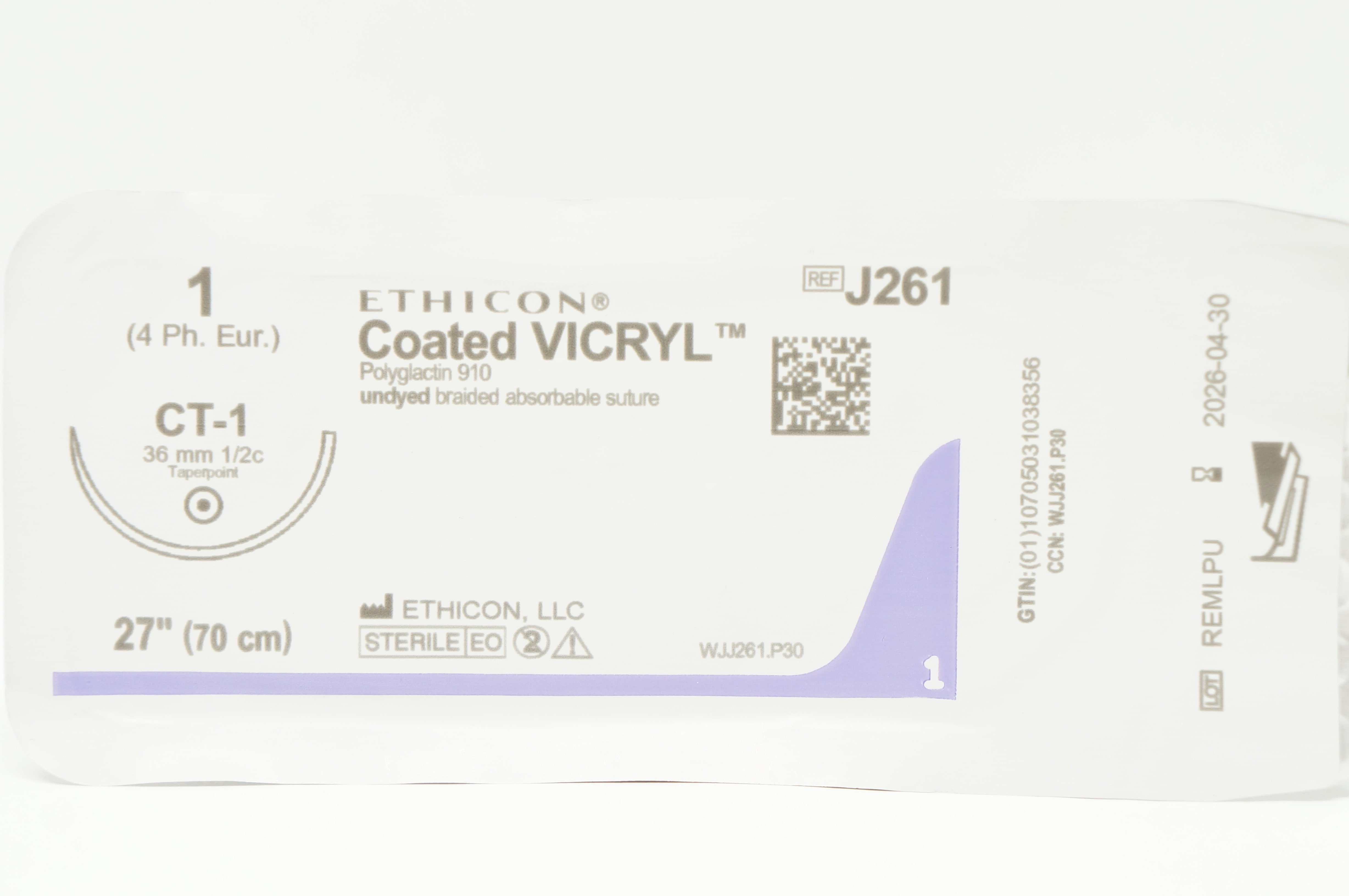 Ethicon J261 1 Coated VICRYL, CT-1 36mm 1/2c Taperpoint, 27inch