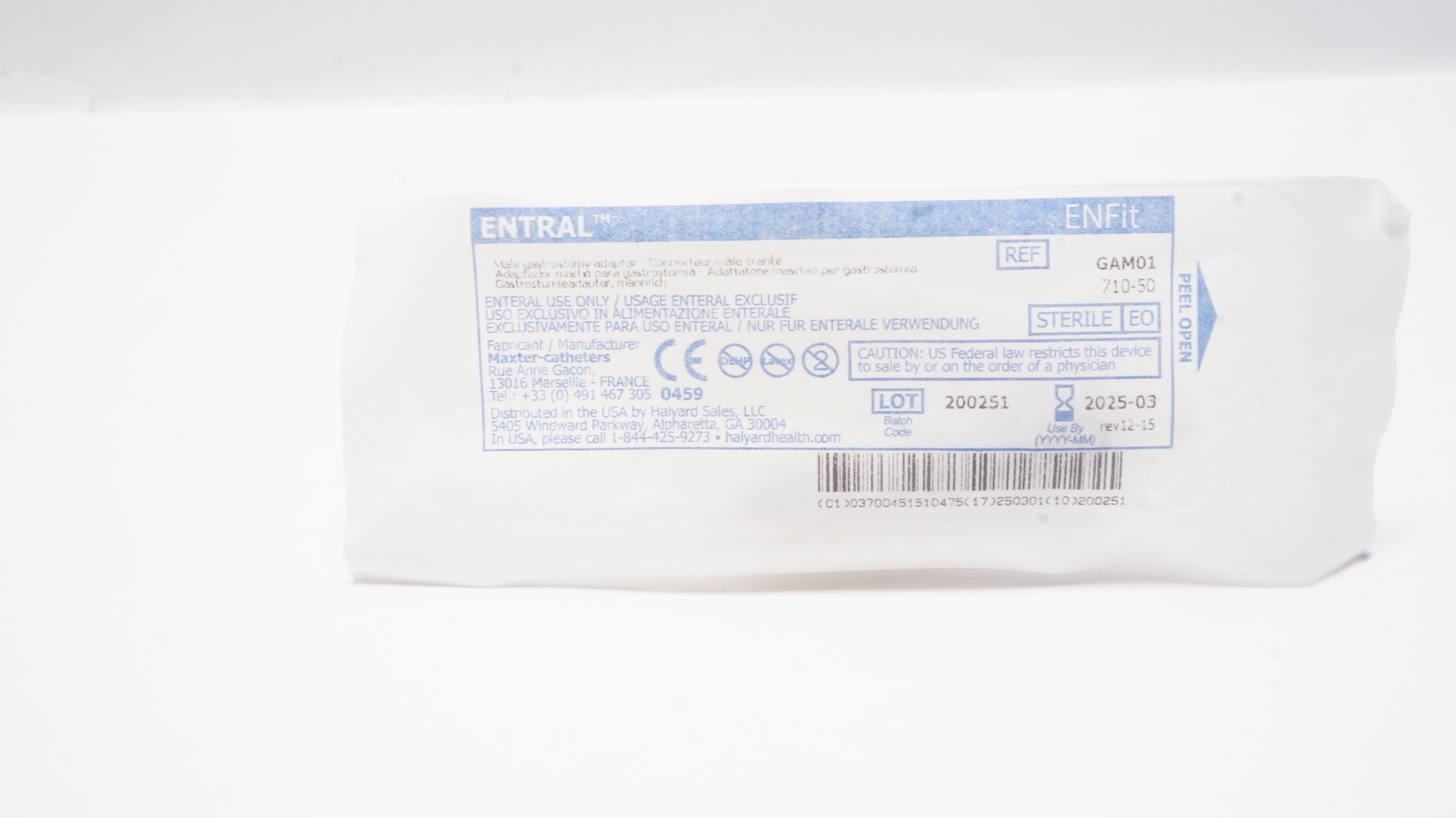 Halyard GAM01 710-50 Entral Enfit Male Gastrosyomy Adaptor