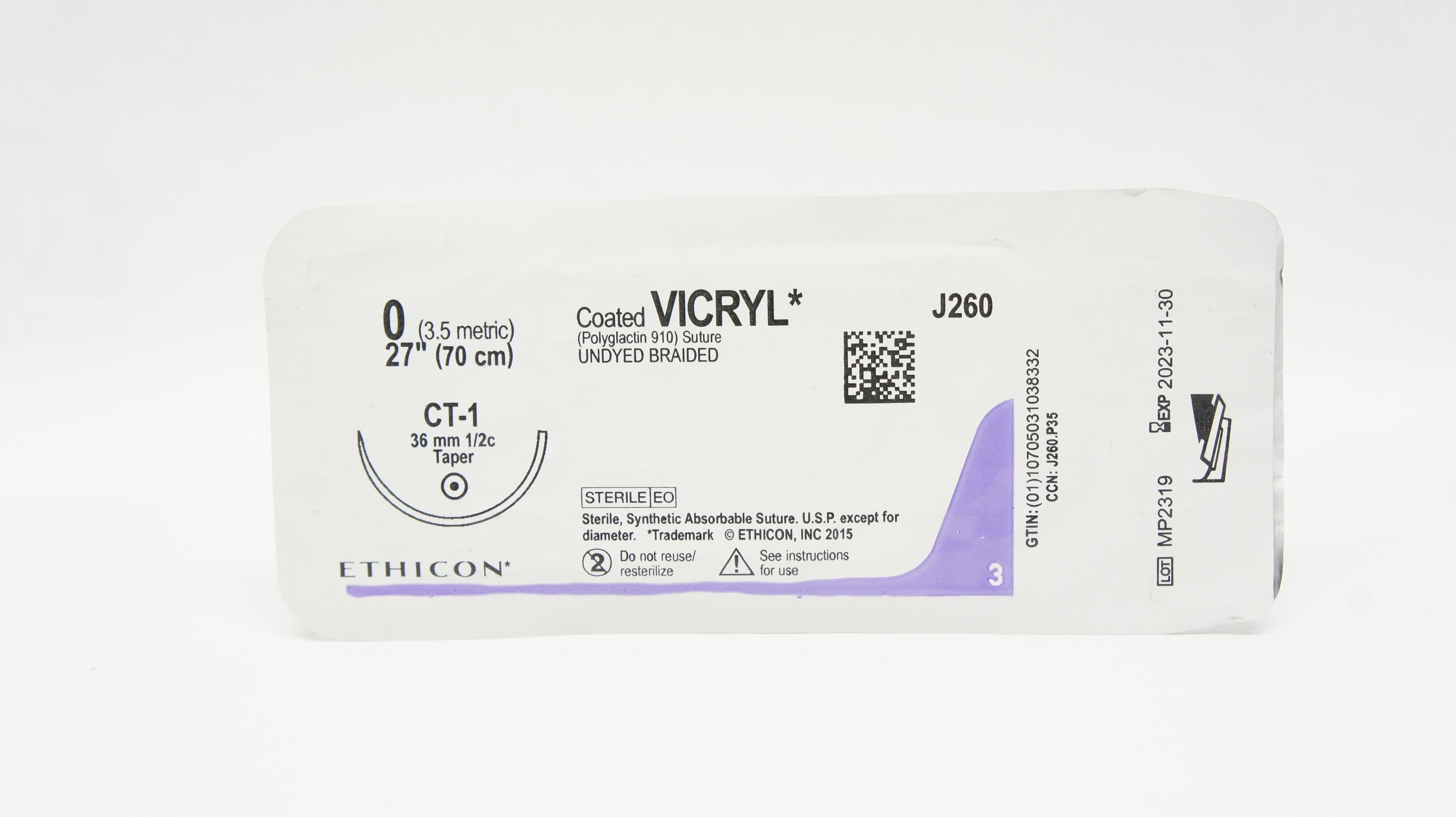 Ethicon J260 0 Coated VICRYL Stre Undyed Braided CT-1 36mm 1/2c Taper 27 inch