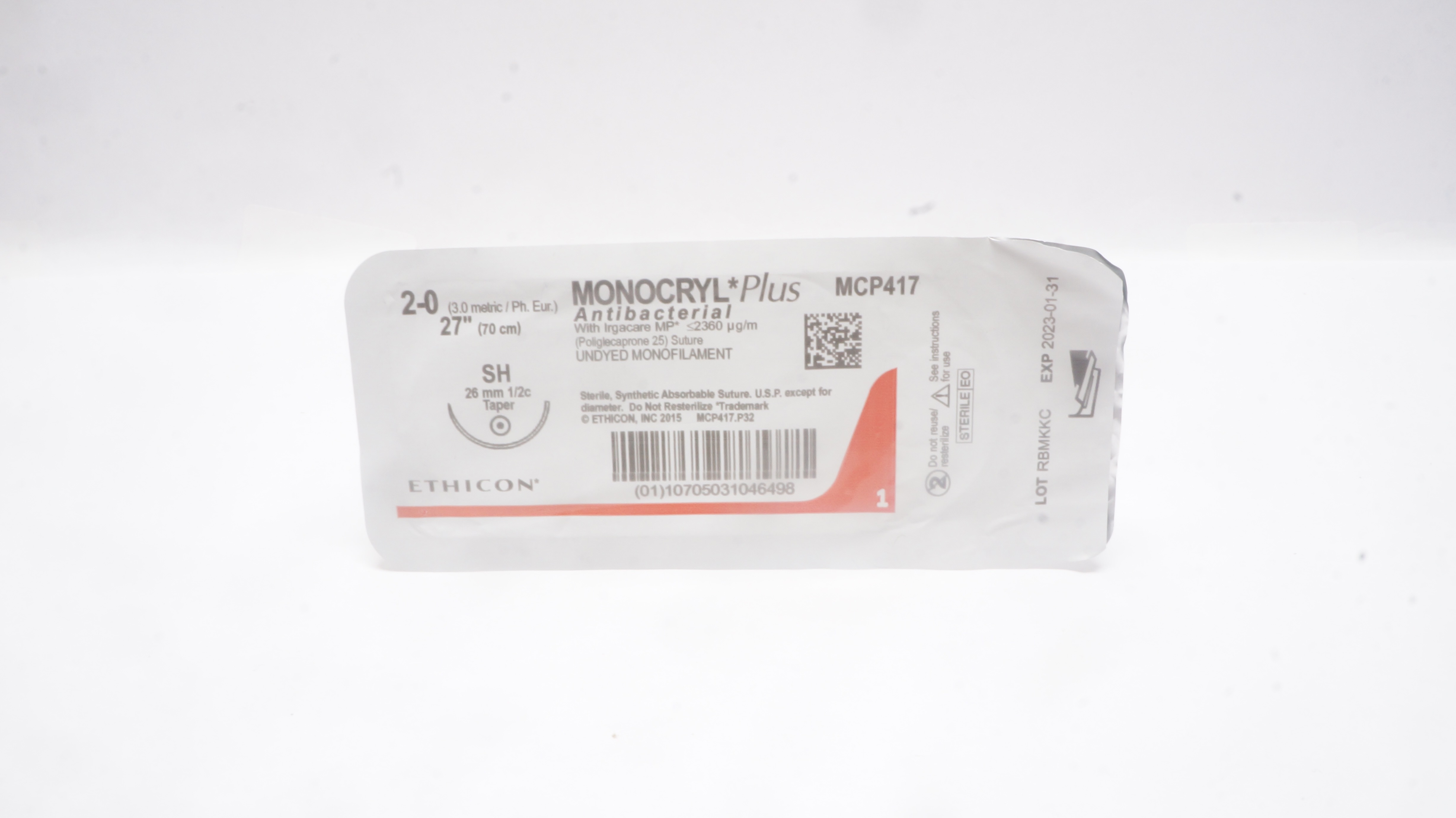 Ethicon MCP417 2-0 MONOCRYL Plus, SH,  26mm 1/2c Taper, 27inch (x)