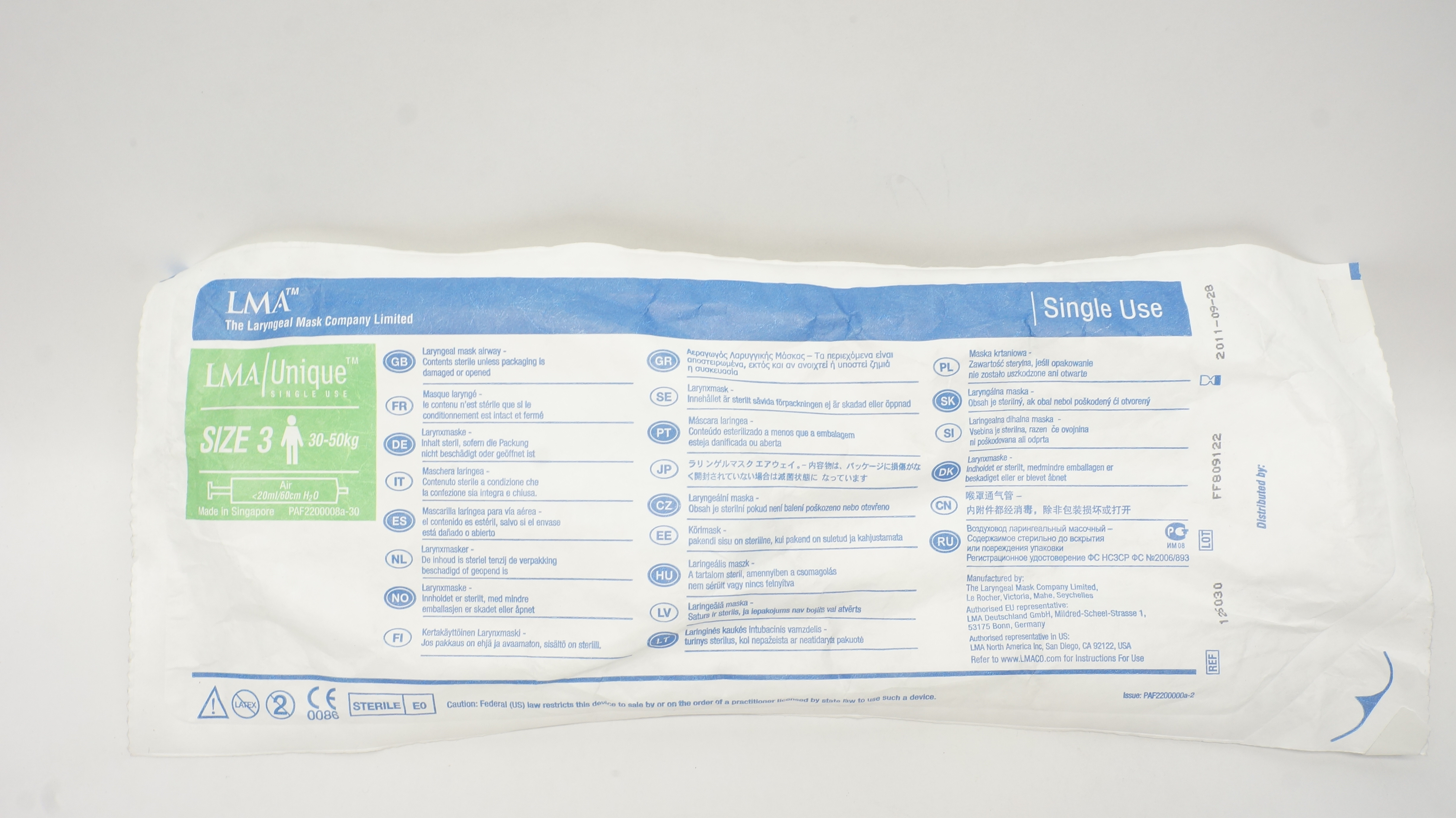 Teleflex 125030 LMA Unique Laryngeal Mask Airway Size 3, 30-50kg <20ml/60cm (x)