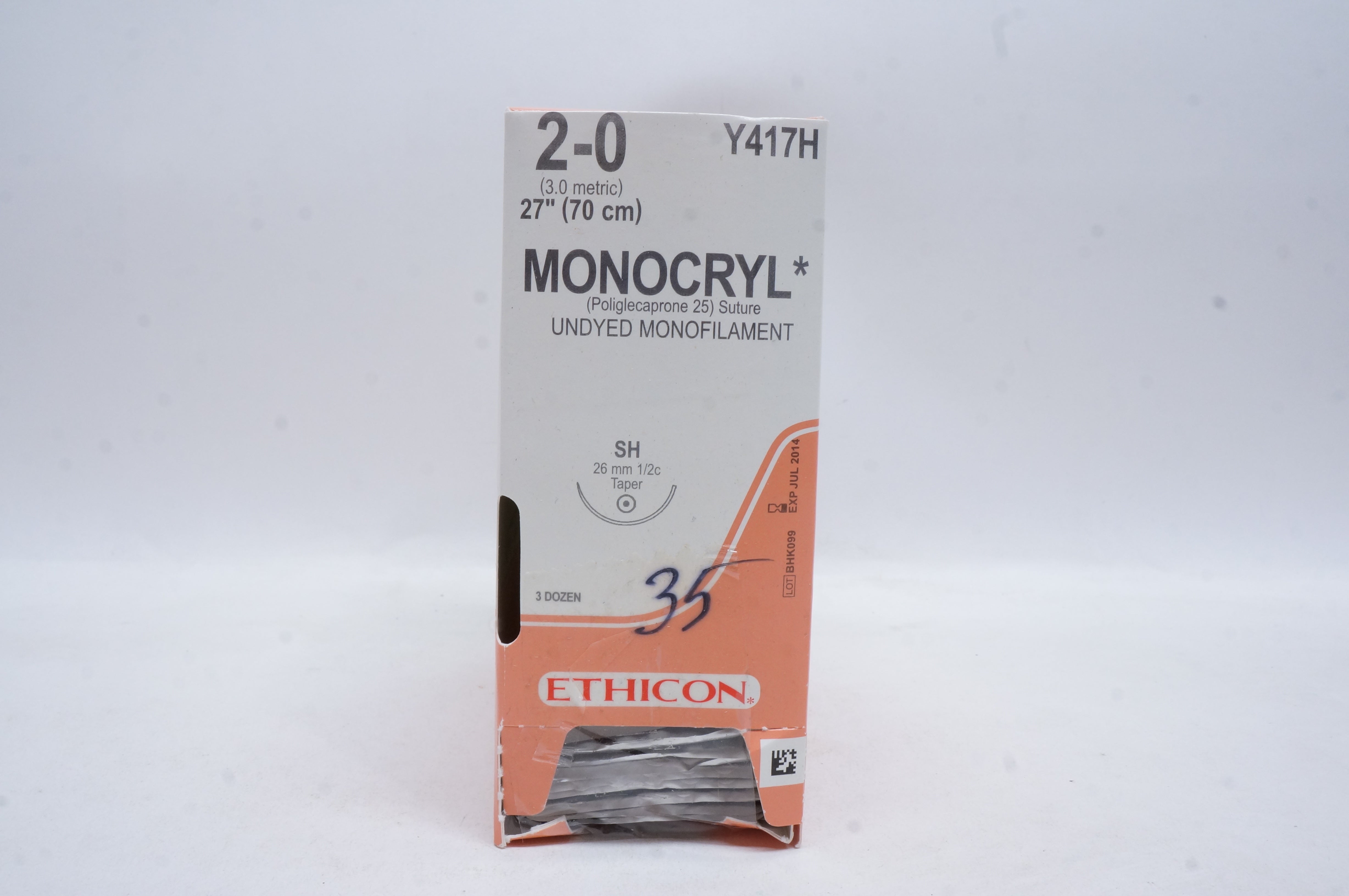 Ethicon Y417H 2-0 MONOCRYL, SH, 26mm 1/2c Taper, 27inch (x) - Box of 35