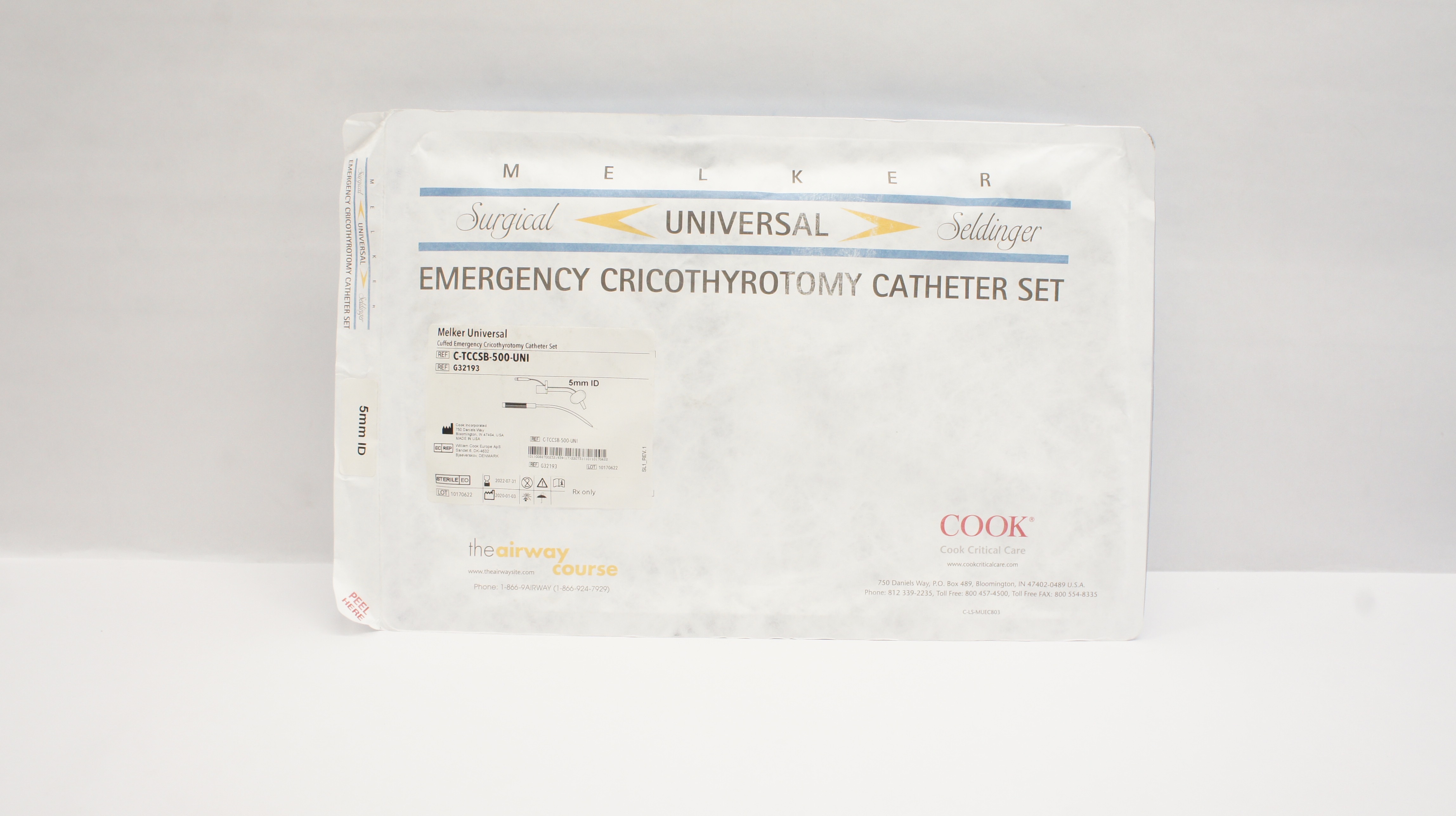 Cook G32193 Melker Universal Cuffed Emergency Cricothyrotomy Cath. Set 5mm ID(x)
