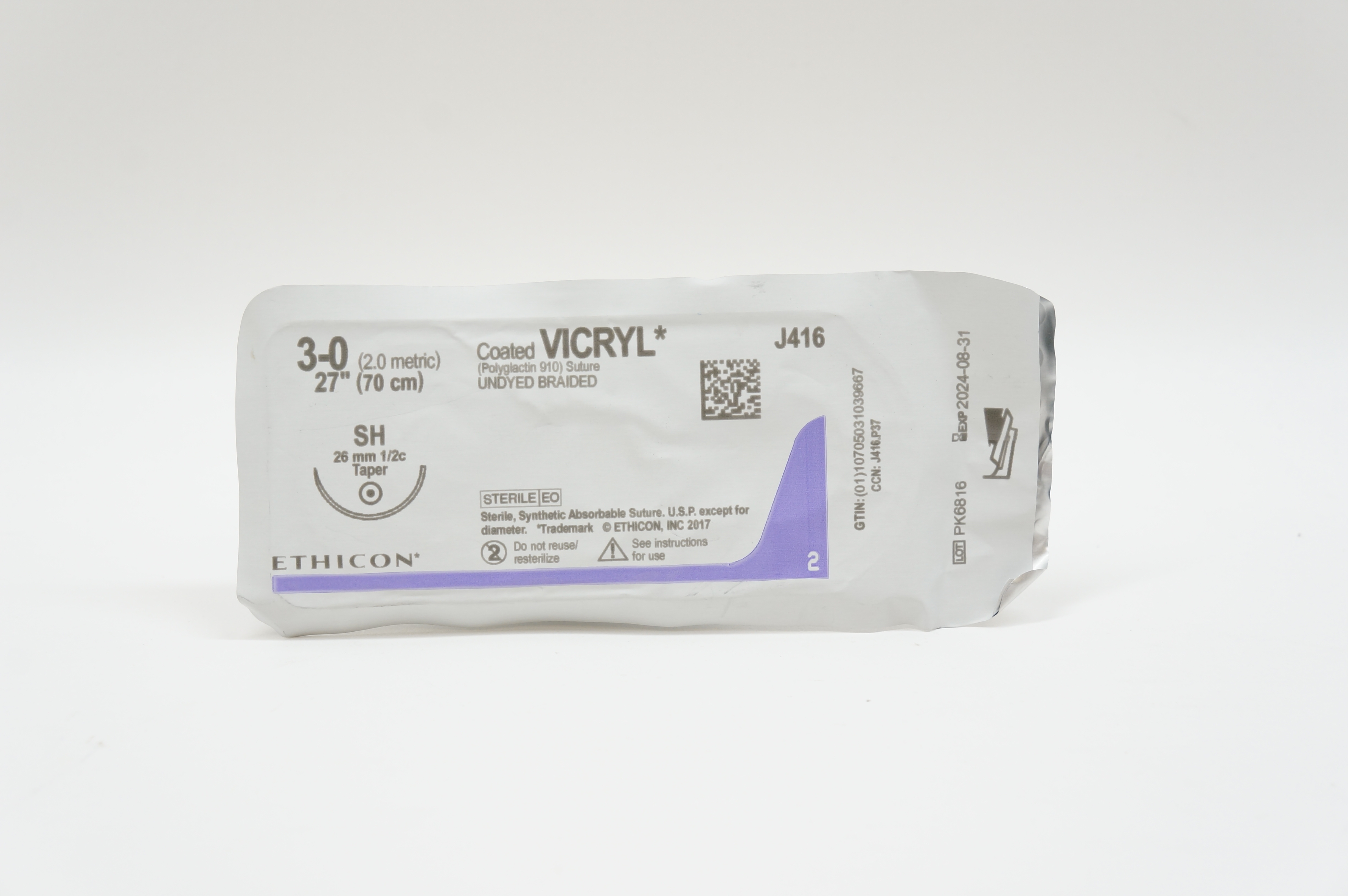 Ethicon J416 3-0 VICRYL, SH, 26mm 1/2c Taper, 27inch