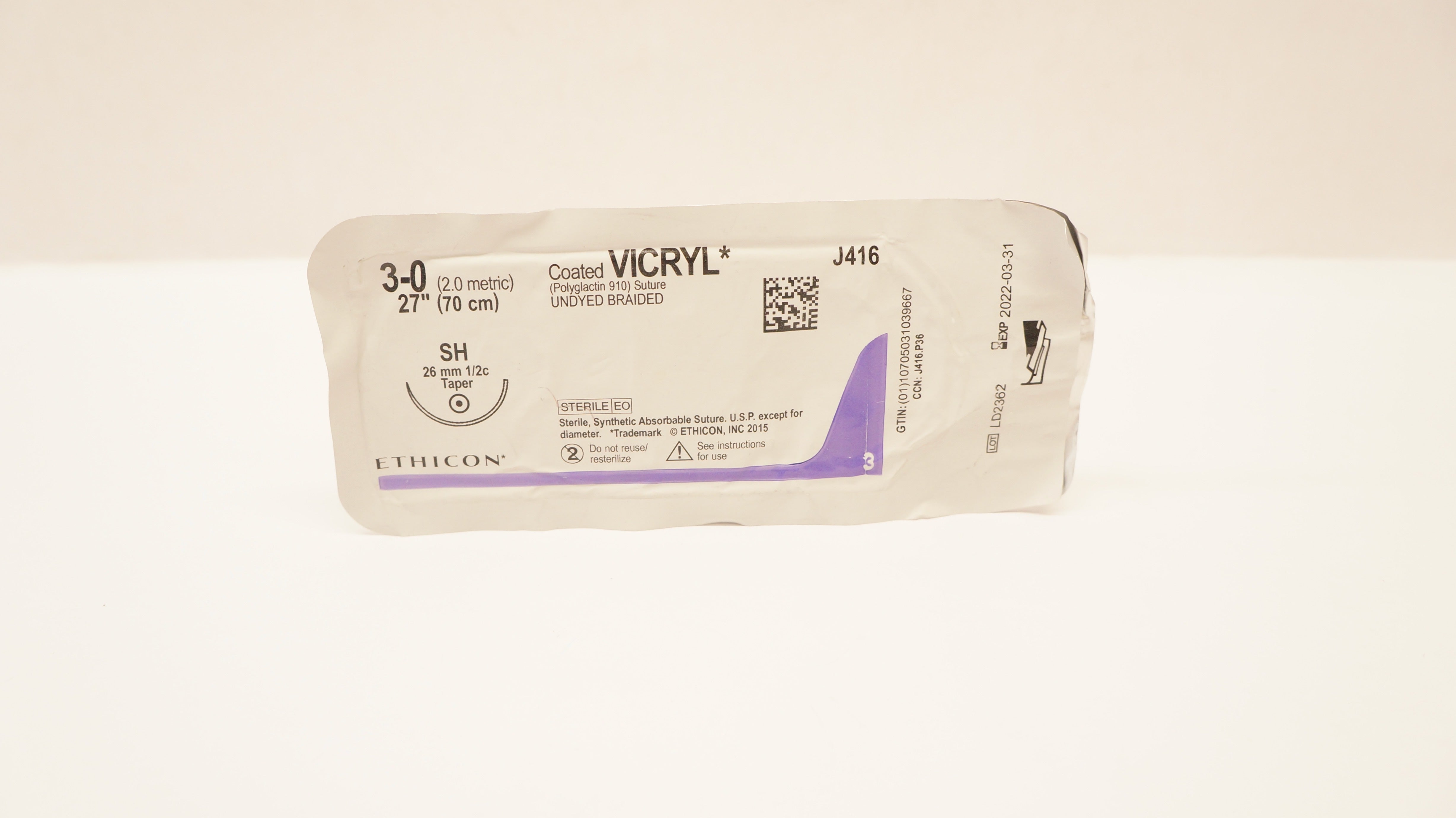 Ethicon J416 3-0 Coated VICRYL Stre SH, 26mm 1/2c Taper, 27inch (x)
