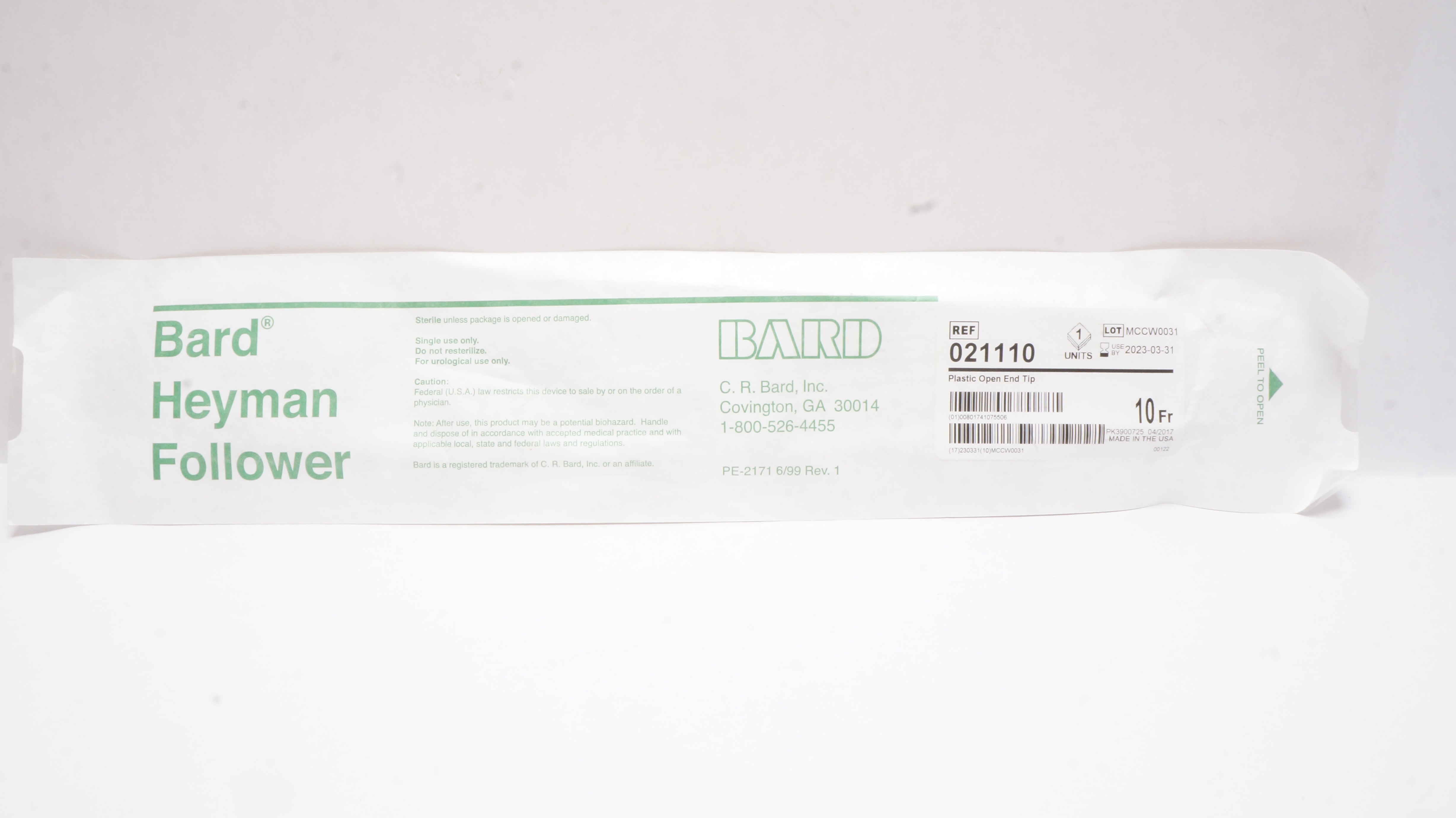 Bard 021110 Heyman Follower Straight Plastic Open End Tip 10Fr. (x)