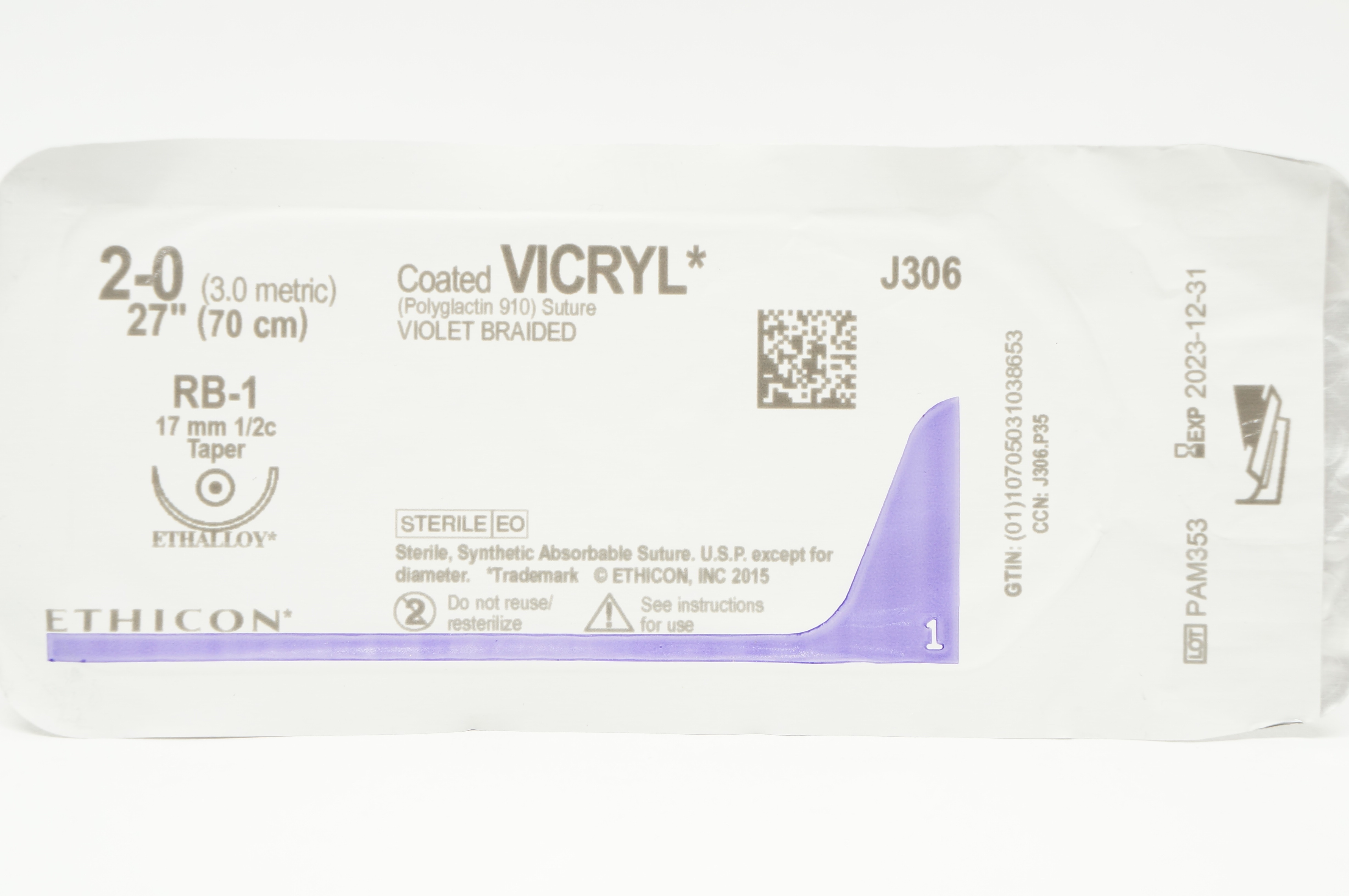 Ethicon J306 2-0 VICRYL, RB-1, 17mm 1/2c Taper, 27inch