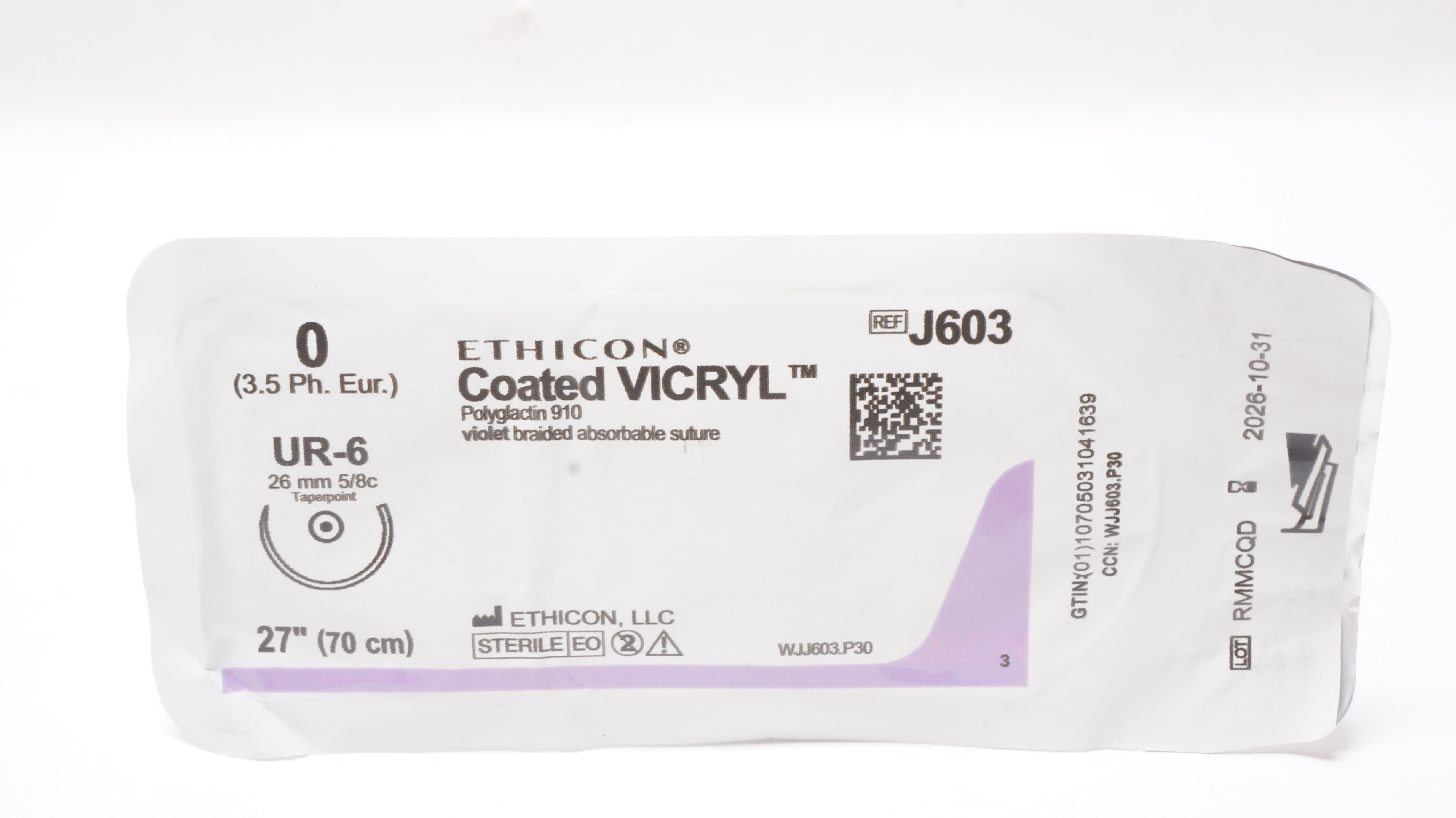 Ethicon J603 0 Coated VICRYL Polyglactin Stre UR-6, 26mm 5/8c Taperpoint, 27inch