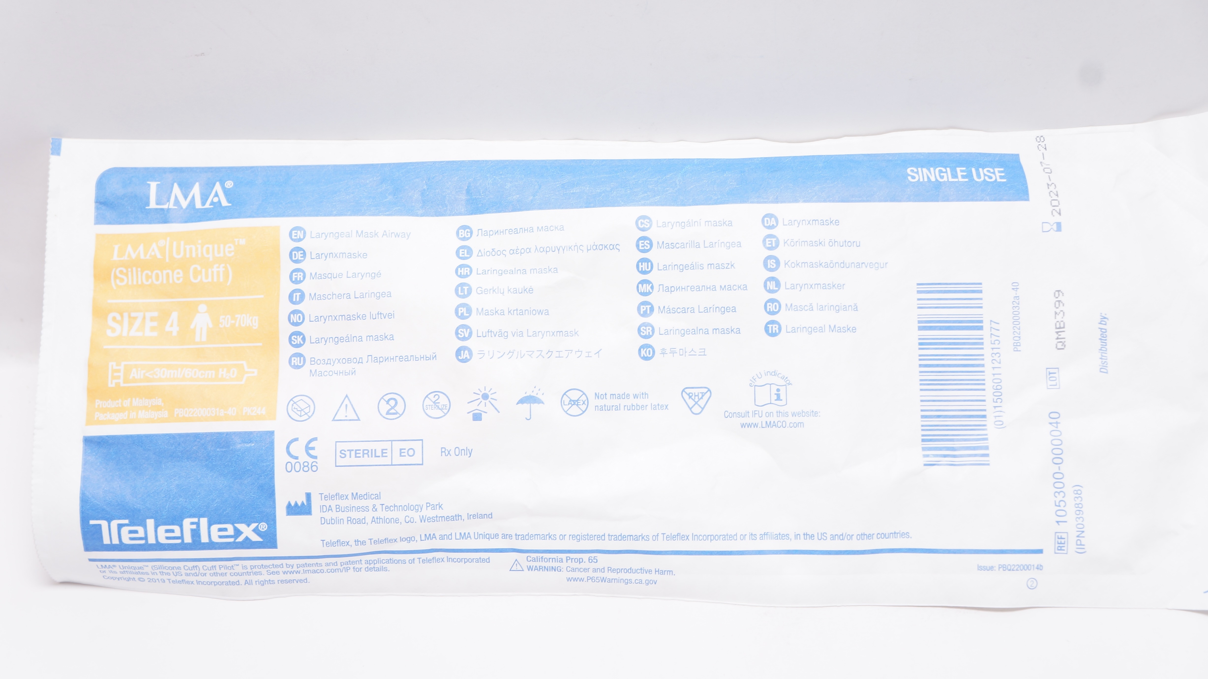 Teleflex 105300-000040 Laryngeal Mask Airway, Size 4 50-70kg <30ml/60cm H2O (x)