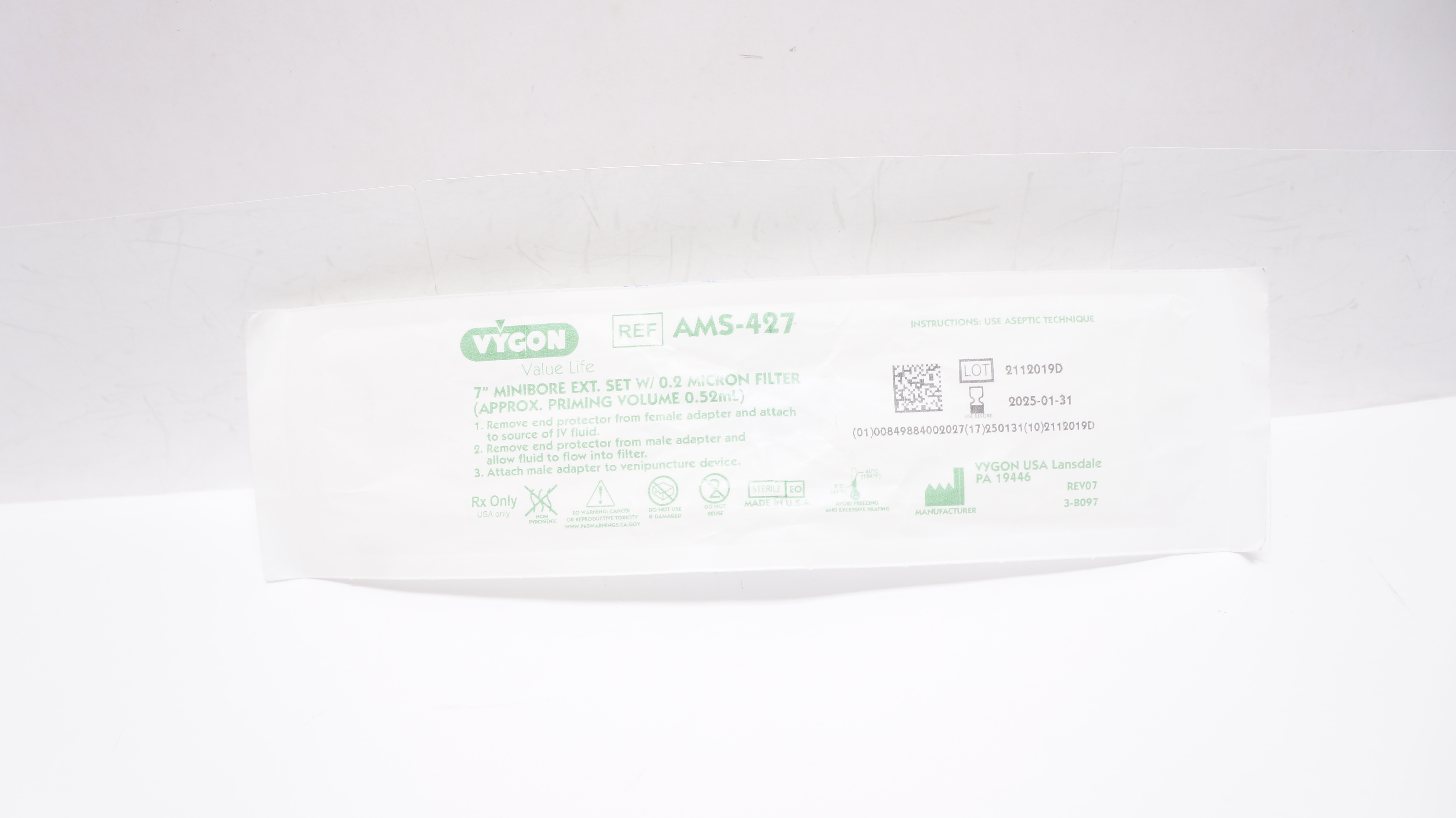 Vygon AMS-427 Value Life 7inch Minibore Extension Set W/0.2 Micron Filter