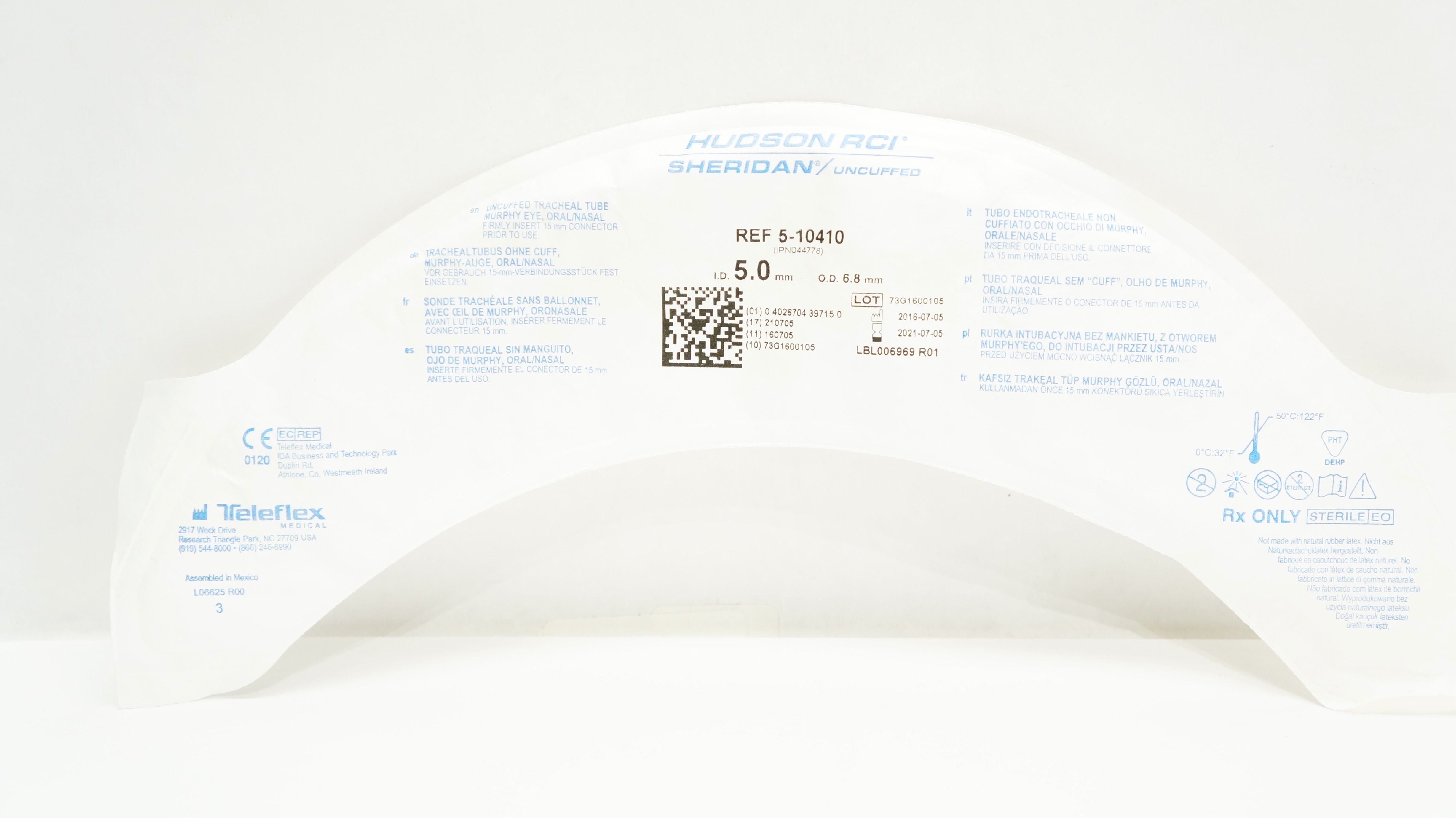 Teleflex 5-10410 Hudson RCI Sheridan Uncuffed Tracheal Tube 5.0 ID x 6.8mm OD(x)