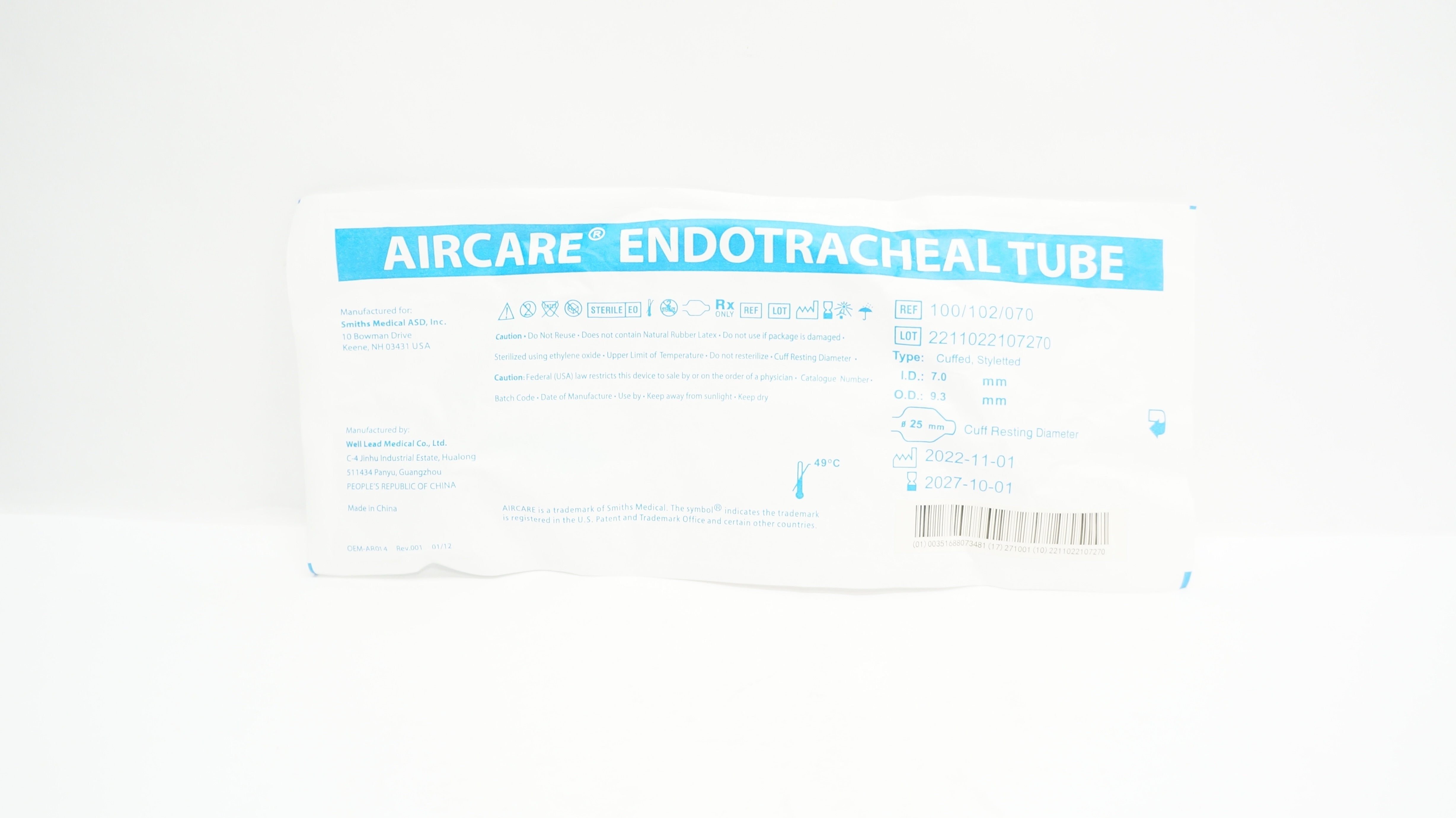 Smiths Medical 100/102/070 Aircare Endotracheal Tube 7.0mm x 9.3mm x 25mm