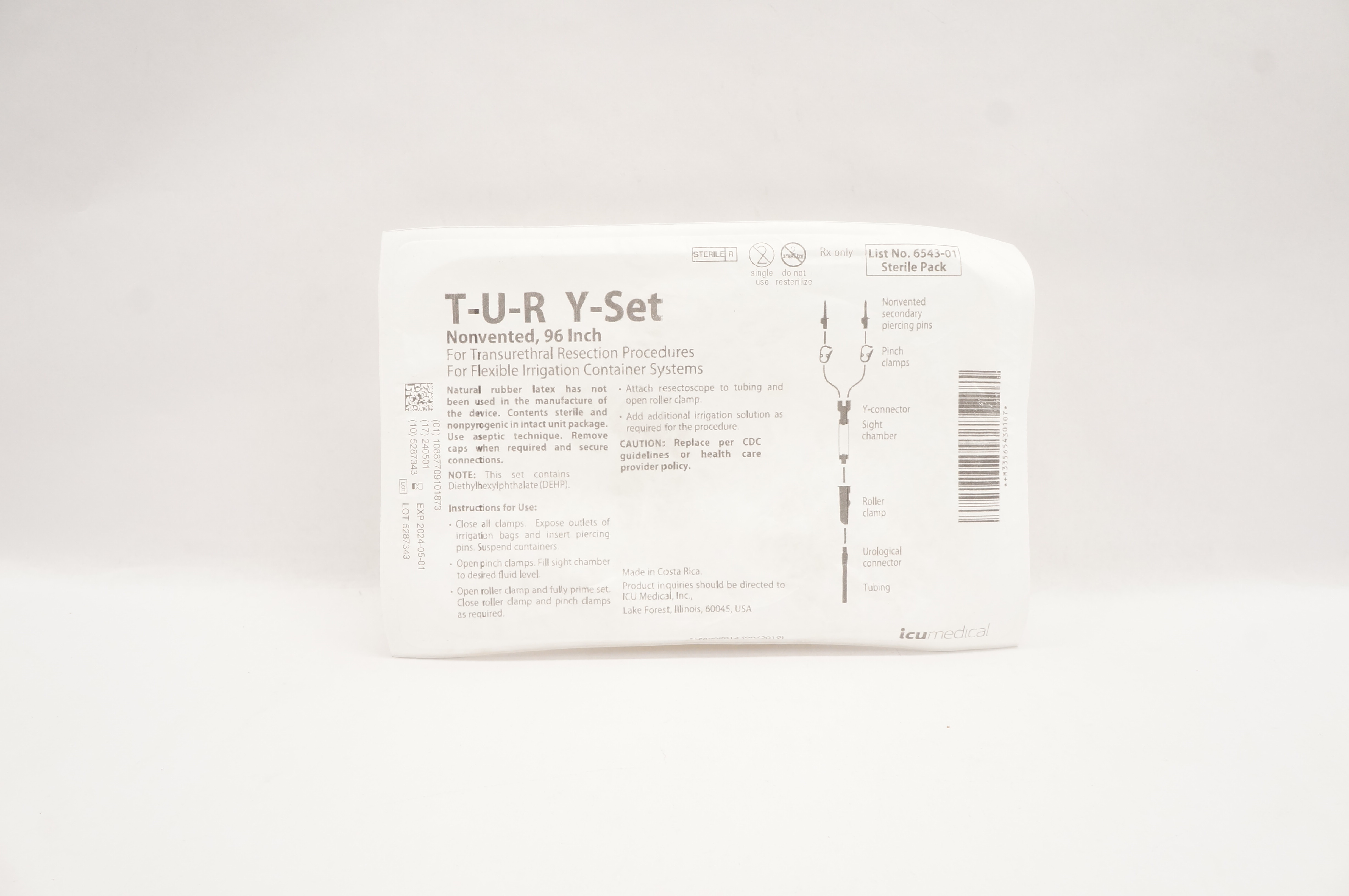 ICU Medical 6543-01 T-U-R Y-Set Nonvented Set for Transurethral Resection 96inch