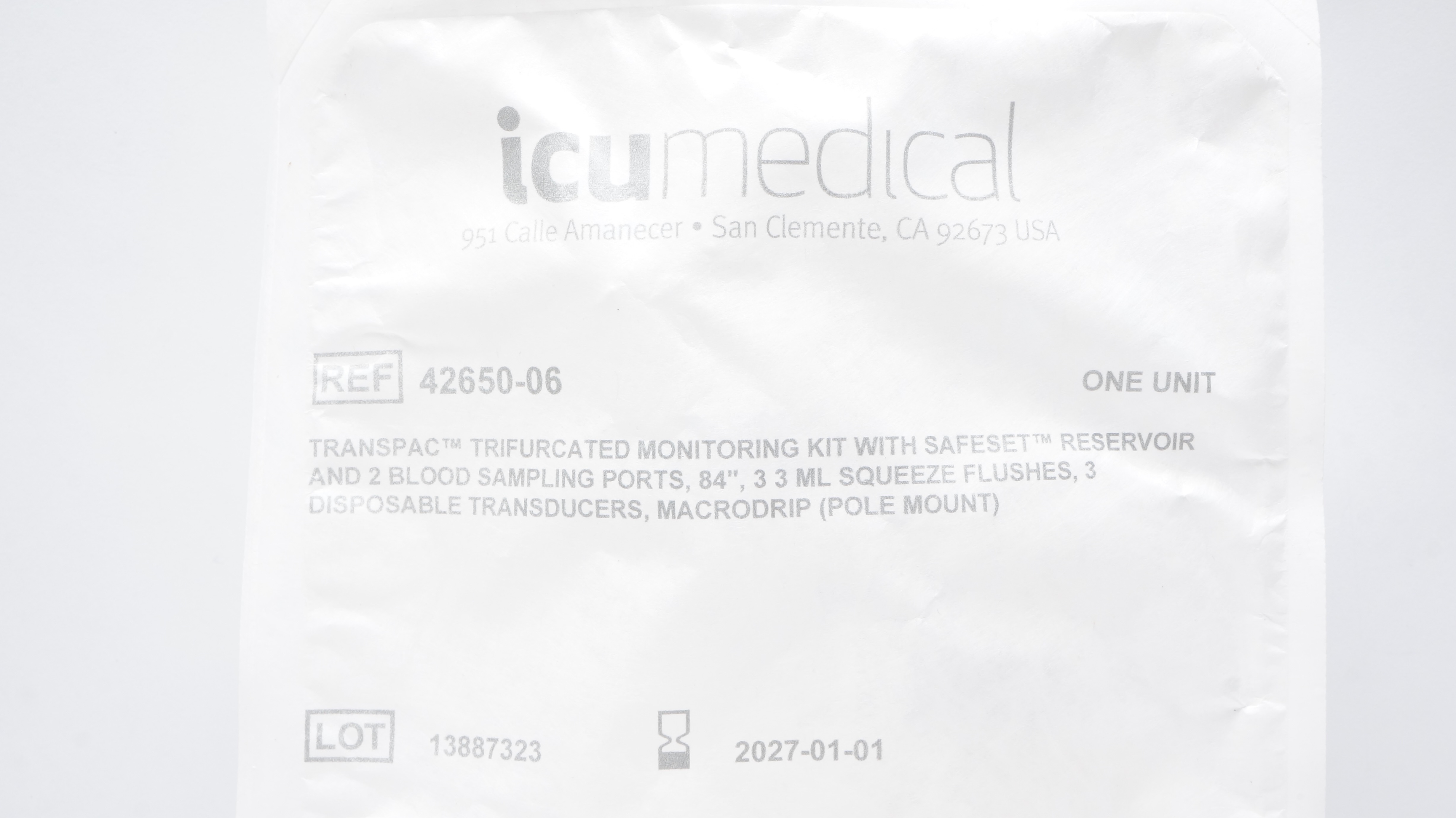 ICU Medical 42650-06 Transpac Trifurcated Monitoring Kit 84inch 3.3ml