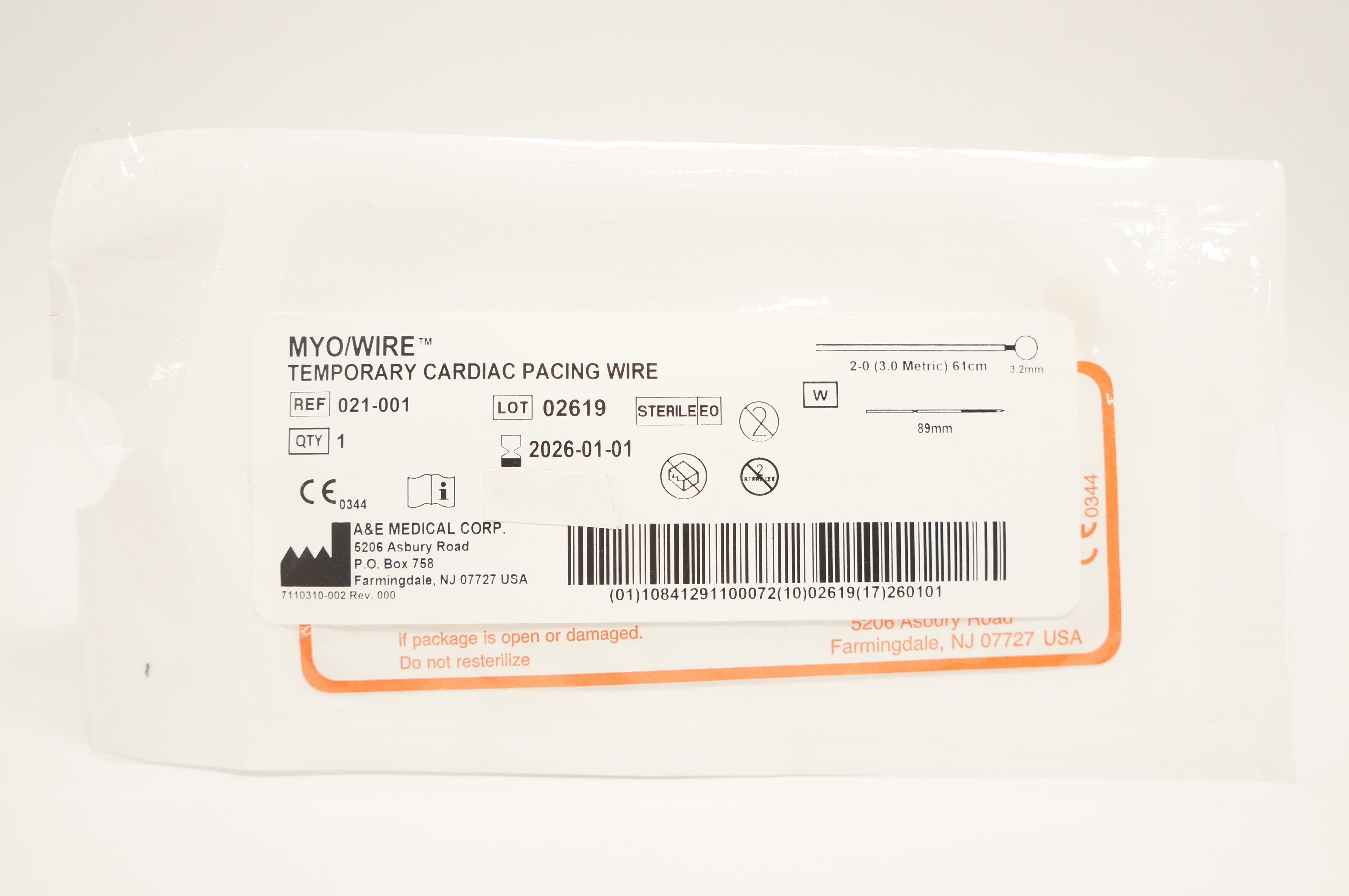 A&E Medical 021-001 2-0 MYO/Wire Temporary Cardiac Pacing Wire 61cm x 3.2 x 89mm