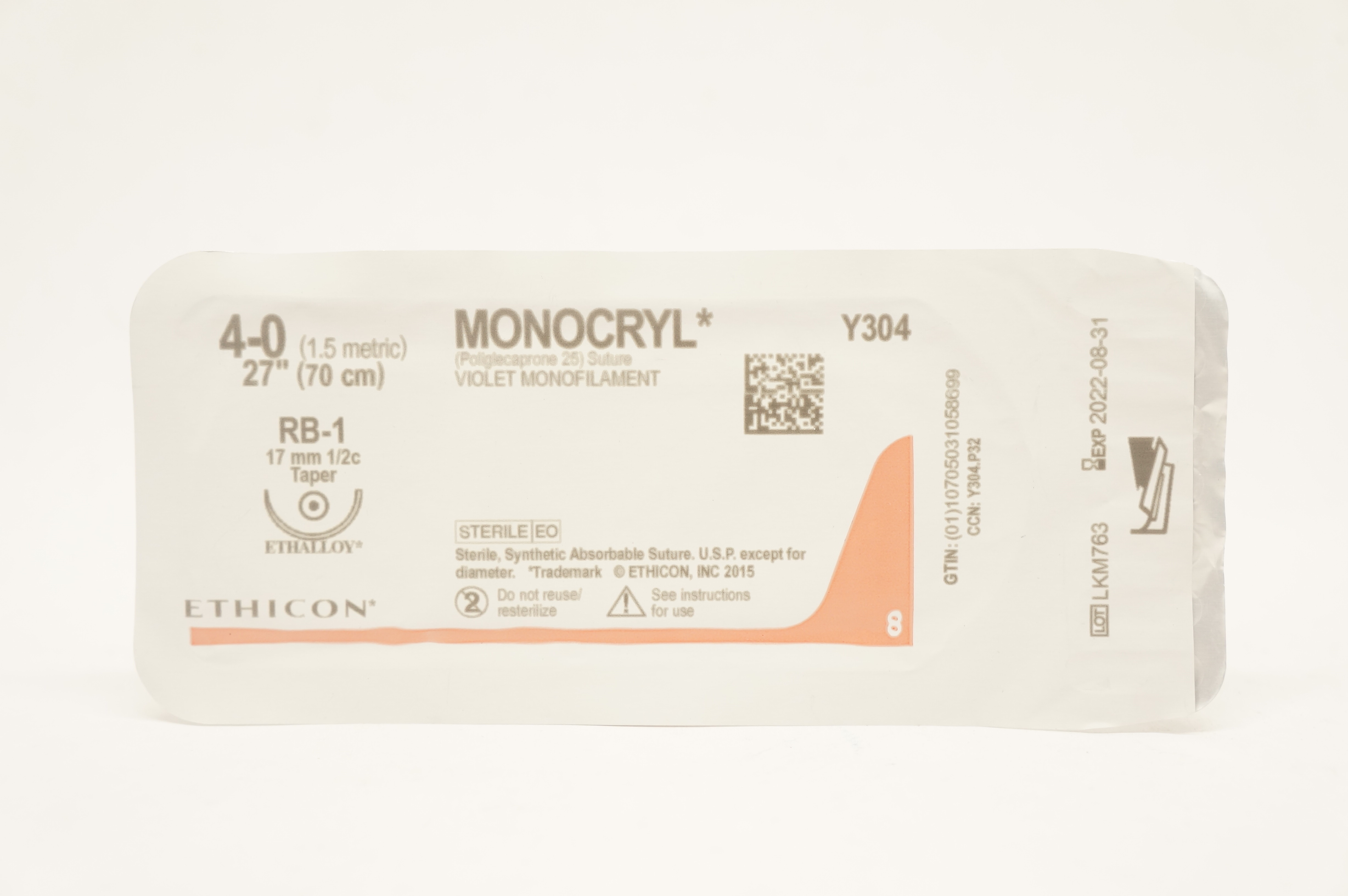 Ethicon Y304 4-0 MONOCRYL, RB-1, 17mm 1/2c Taper, 27inch